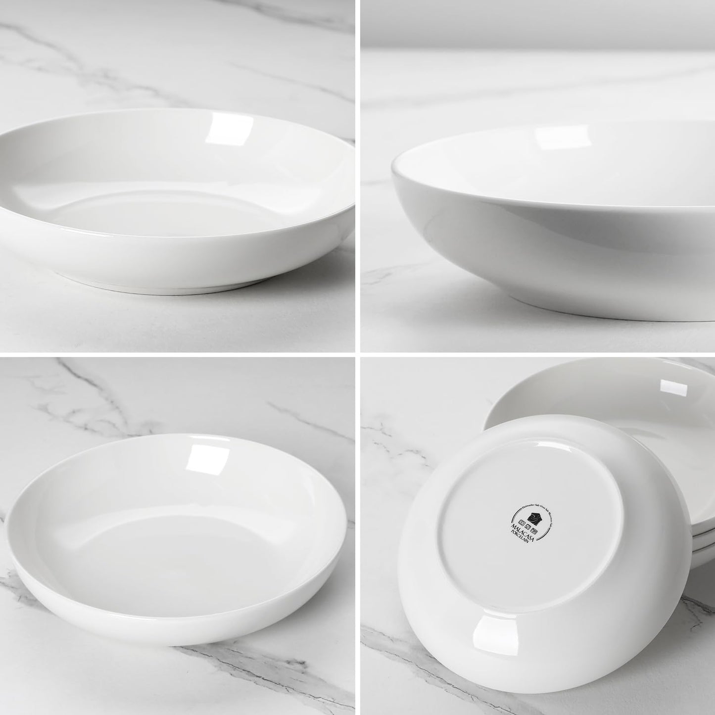 MALACASA 8.85" Large Pasta Bowls, 42 OZ White Salad Bowls Soup Bowls, Porcelain Serving Bowls Set of 4, Large Kitchen Bowl Plates Pasta Plates, Microwave & Dishwasher Safe, Series REGULAR