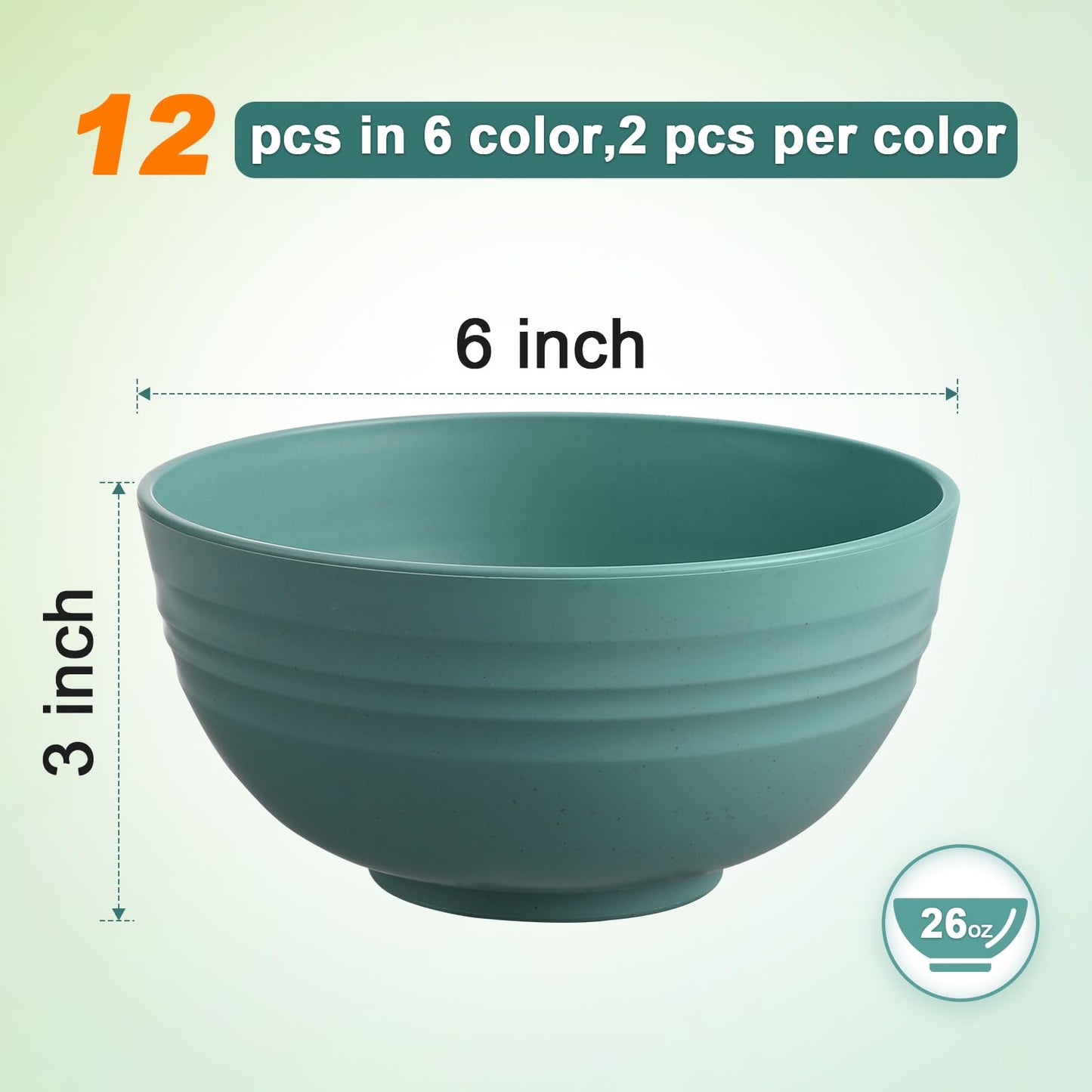 HEYCOME 12 Pcs Unbreakable Cereal Bowls Set, 26 Oz Wheat Straw Bowls Set, Microwave & Dishwasher Safe Bowls for Kitchen, Reusable Plastic Bowls for Soup, Salad and Snack, BPA Free, Multicolor