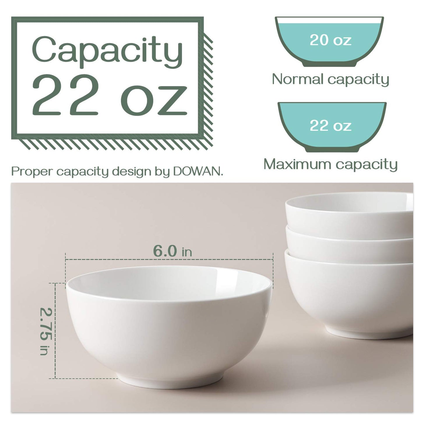 DOWAN 22 OZ White Ceramic Bowls Set of 4 - Perfect for Soup Bowls for Kitchen, Cereal Bowl, Ramen Bowl, Microwave Safe for Oatmeal, Fruit,Salad and Rice Bowl - Dishwasher & Microwave Safe
