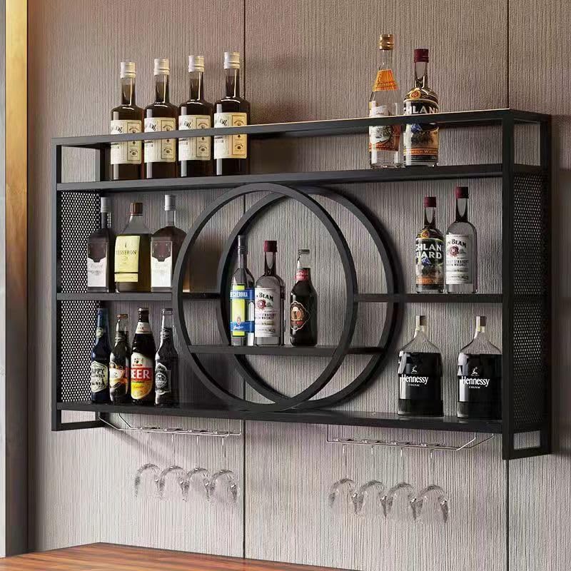 HFTUW 39 Inch Metal Wall Mounted Wine Rack, 3-Tier Bar Shelf with Glass Holder, Modern Large Capacity Liquor Bottle Display Shelf for Home Bar, Dining Room & Kitchen, Black