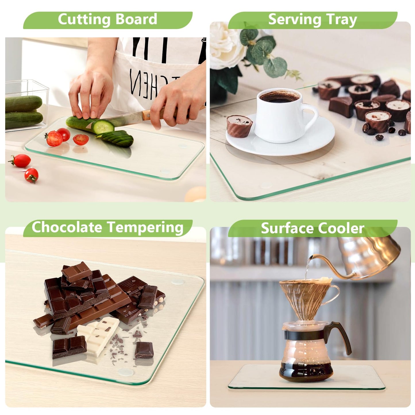 Tempered Glass Cutting Board for Kitchen, Clear Glass Cutting Board with Rubber Feet, Scratch, Heat, Shatter Resistant and Easy to Clean(8"x12" & 10"x14" & 12"x16")