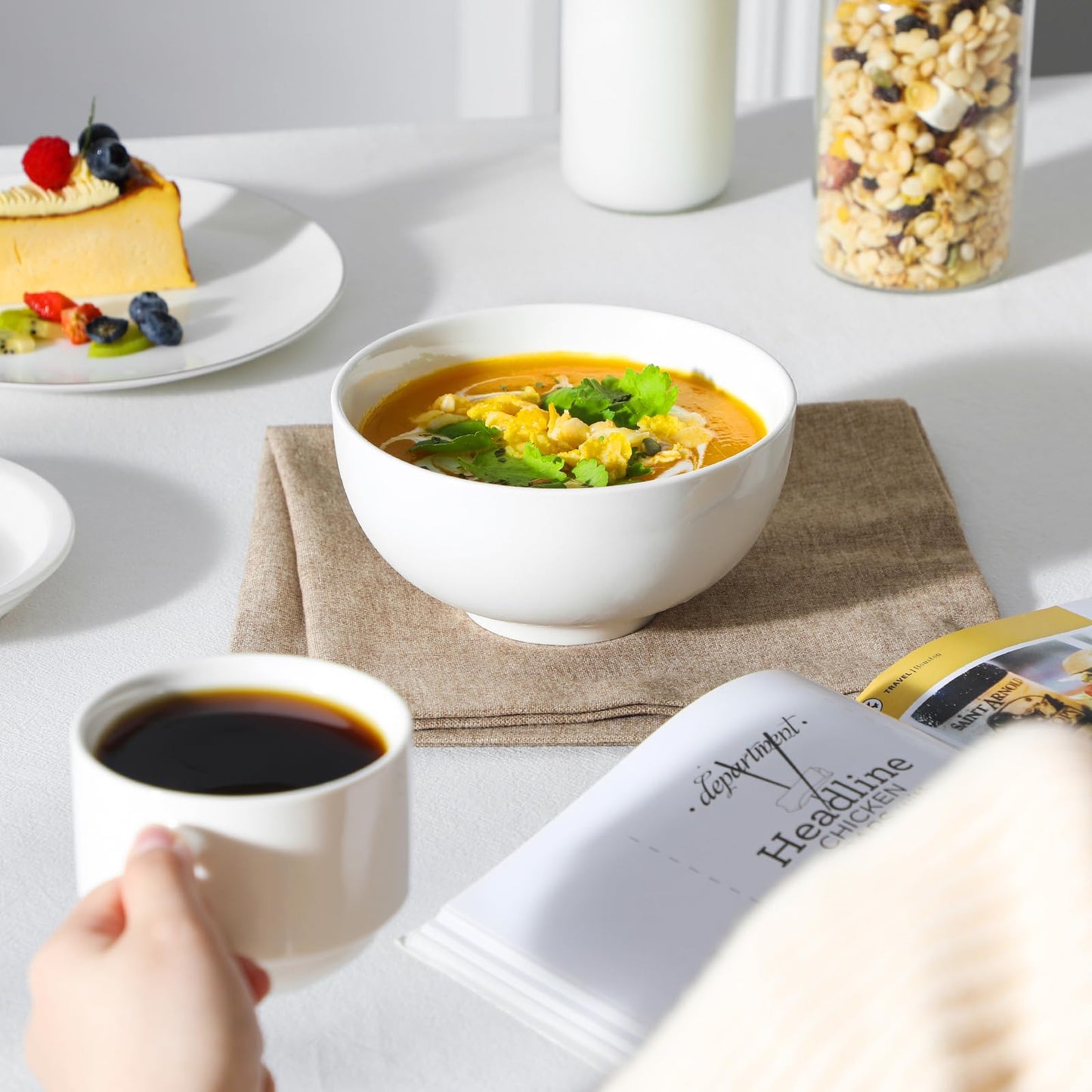 MALACASA 26 oz Porcelain Soup Bowls, 6" Cereal Bowls - White Bowls Set of 4 for Soup, Cereal, Oatmeal, Fruit, Rice - Dishwasher & Microwave Safe, Series Regular