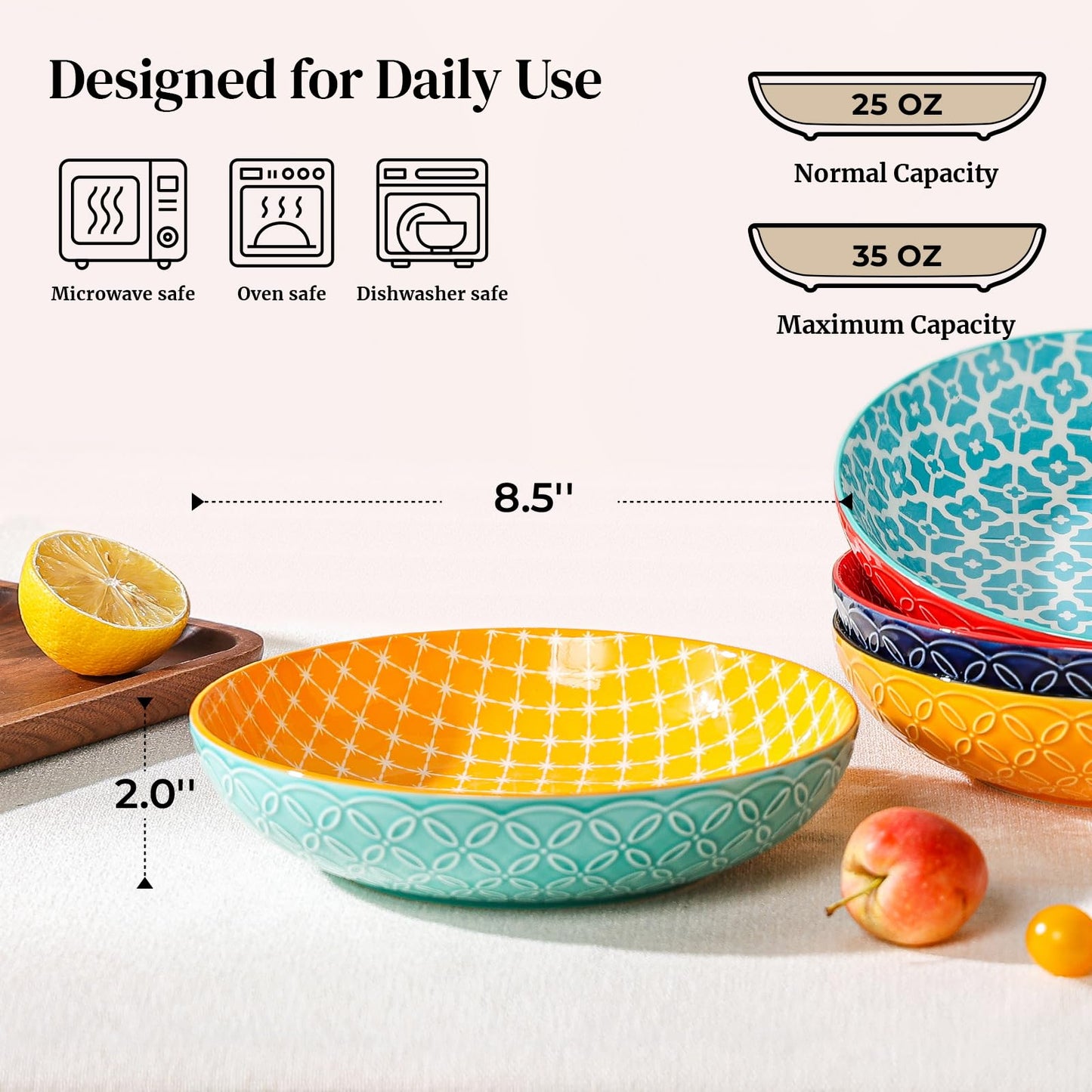 DOWAN 8.5" Vibrant Pasta, Salad & Soup Serving Bowls Set of 4, Large Porcelain Ceramic, Microwave, Oven & Dishwasher Safe, Bonita Design Perfect for Daily Dining, Family Gatherings, Parties & Gifts