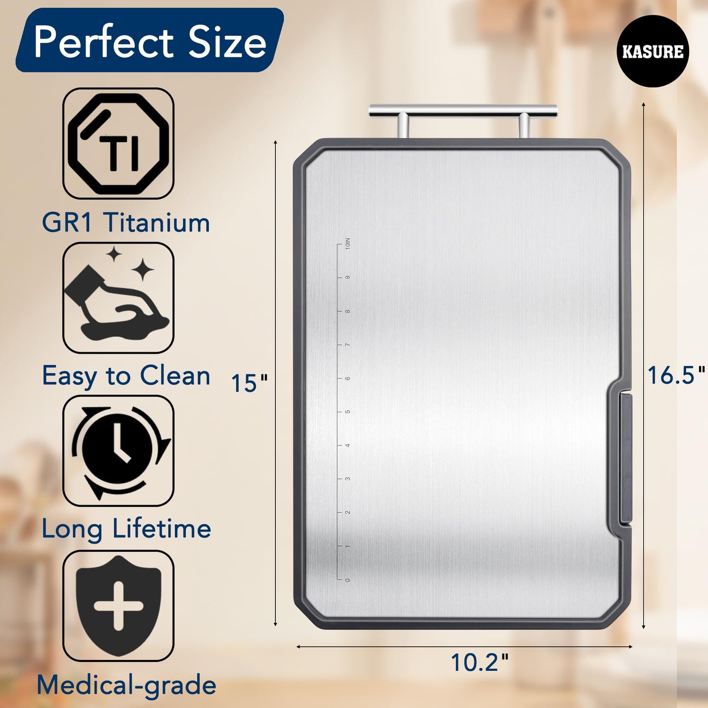 KASURE Medical-Grade Titanium Cutting Board with Measurements, Two Side Titanium Chopping Board for Meat/Seafood, Versatile Cutting Board for Multi-purpose Kitchen Tasks