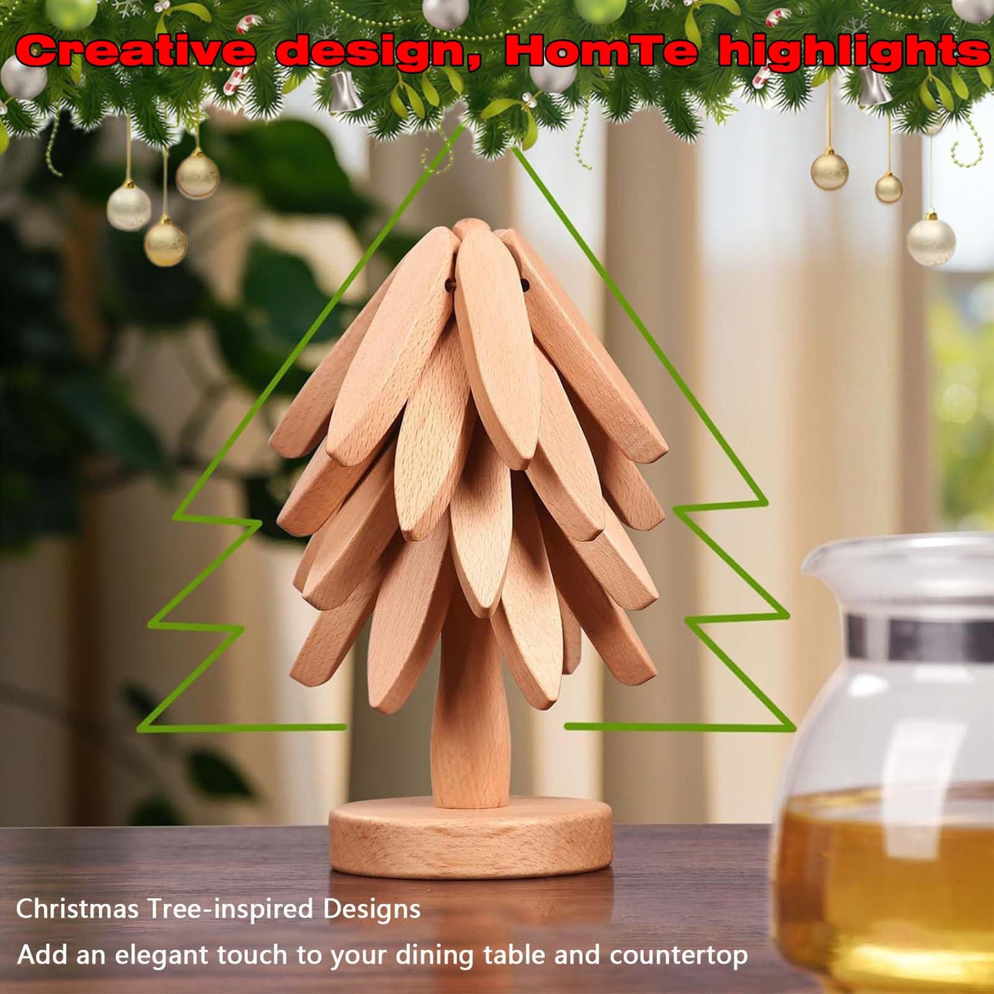 JILITSE Wooden Tree Trivets for Hot Dishes - Set of 4 with Stand, Natural Foldable Kitchen Trivets for Pots, Pans, Bowls & Teapots - Walnut