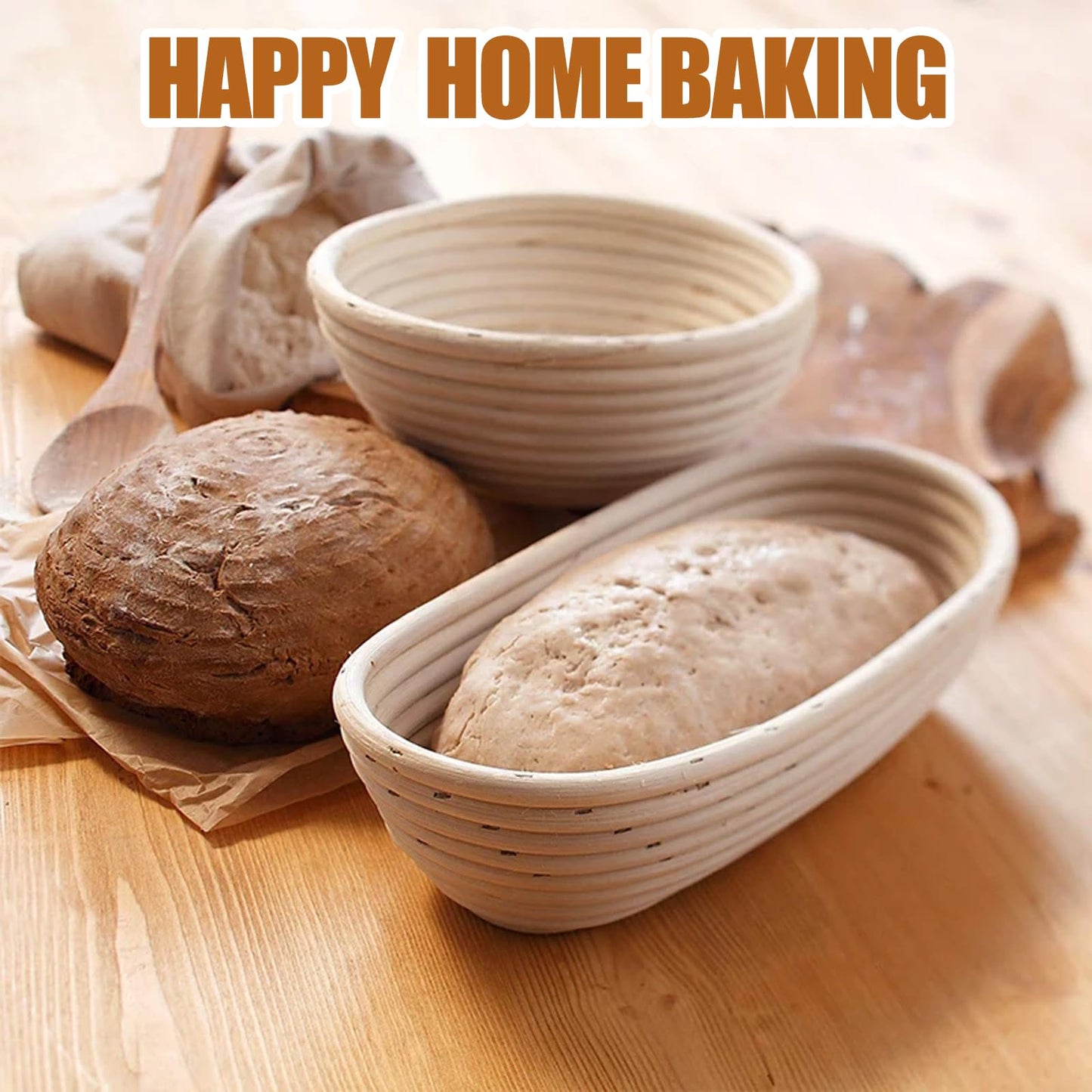 Ineyger Banneton Bread Proofing Basket - 10 inch Banneton Basket Sourdough Proofing Baskets Set of 2 Oval Proofing Bowls with Liners for Professional & Home Artisan Sourdough Bread Baking Supplies