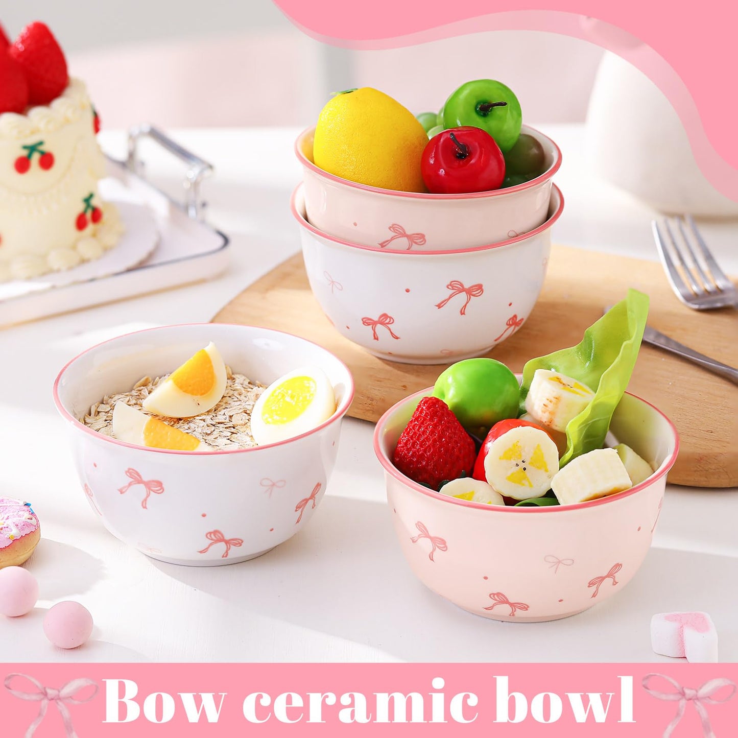 Maxdot 4 Pcs 10oz Pink Bow Ceramic Bowls Set Coquette Cute Soup Bowl Preppy Dessert Pudding Fruit Salad Decorations for Kitchen Decoration Pink White Bowl