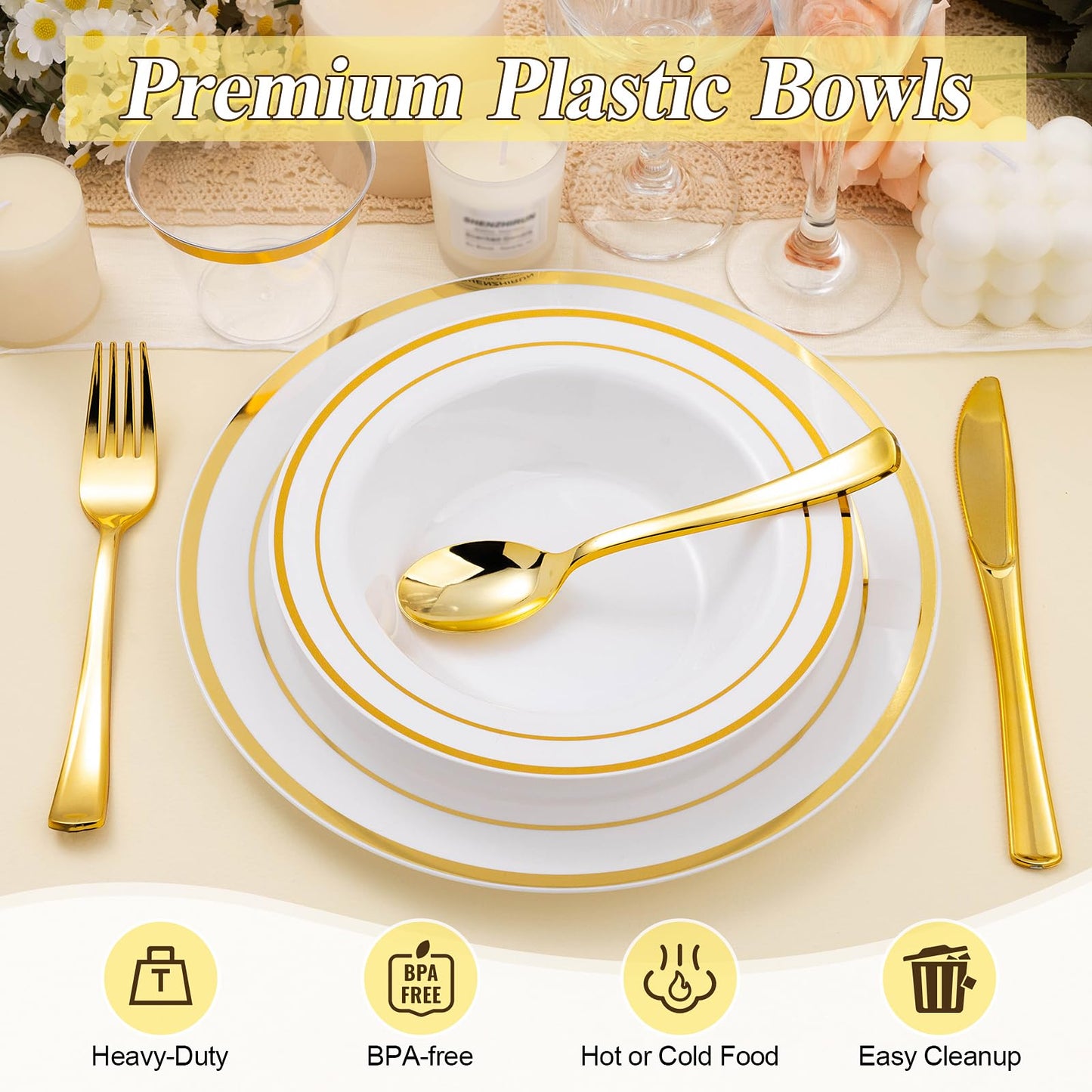 BestStar 100 Pack Disposable Soup Bowls with Gold Rim, 12oz Premium Heavy Duty Plastic Dinner Bowls for Party, Wedding and Holiday