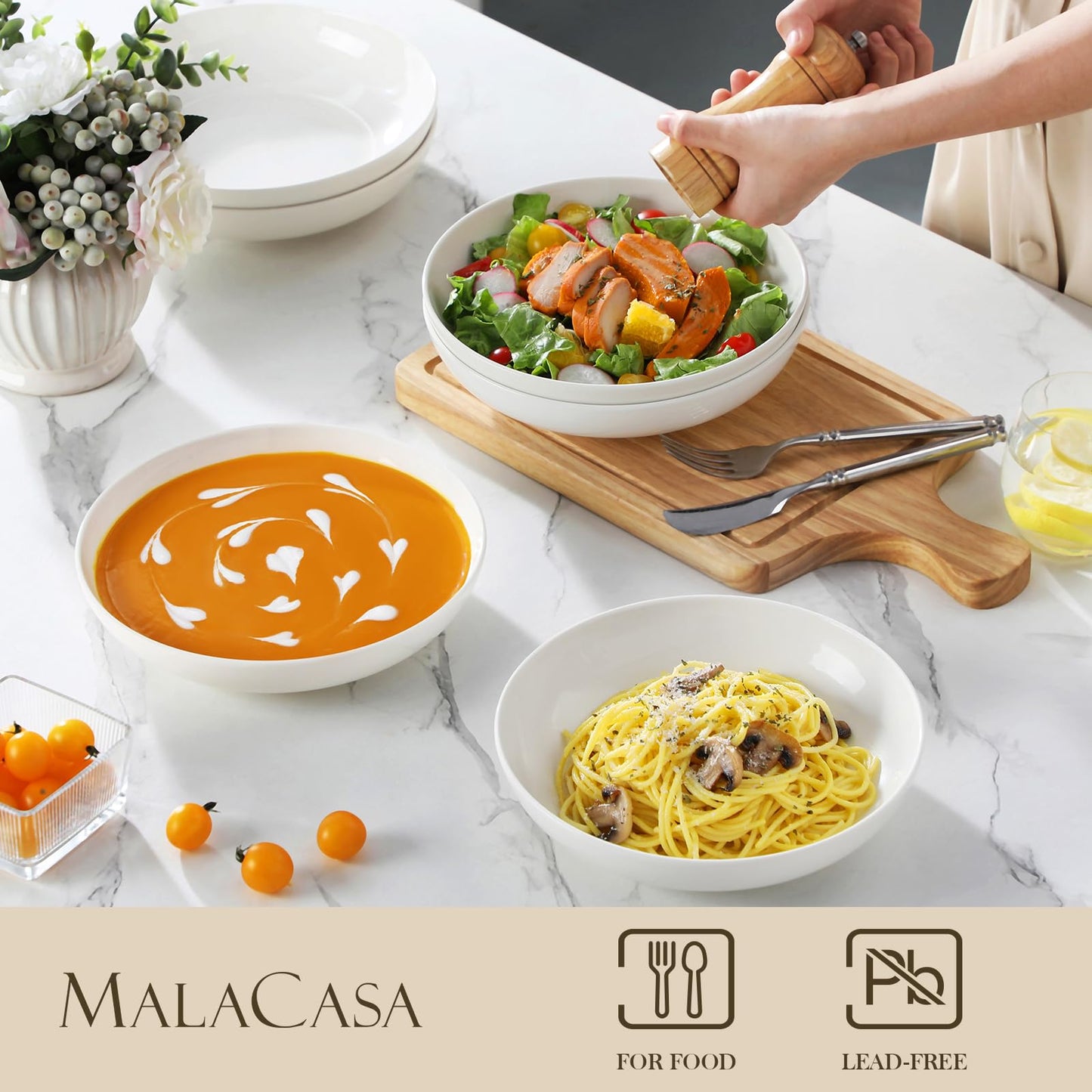 MALACASA 8.85" Large Pasta Bowls, 42 OZ White Salad Bowls Soup Bowls, Porcelain Serving Bowls Set of 4, Large Kitchen Bowl Plates Pasta Plates, Microwave & Dishwasher Safe, Series REGULAR