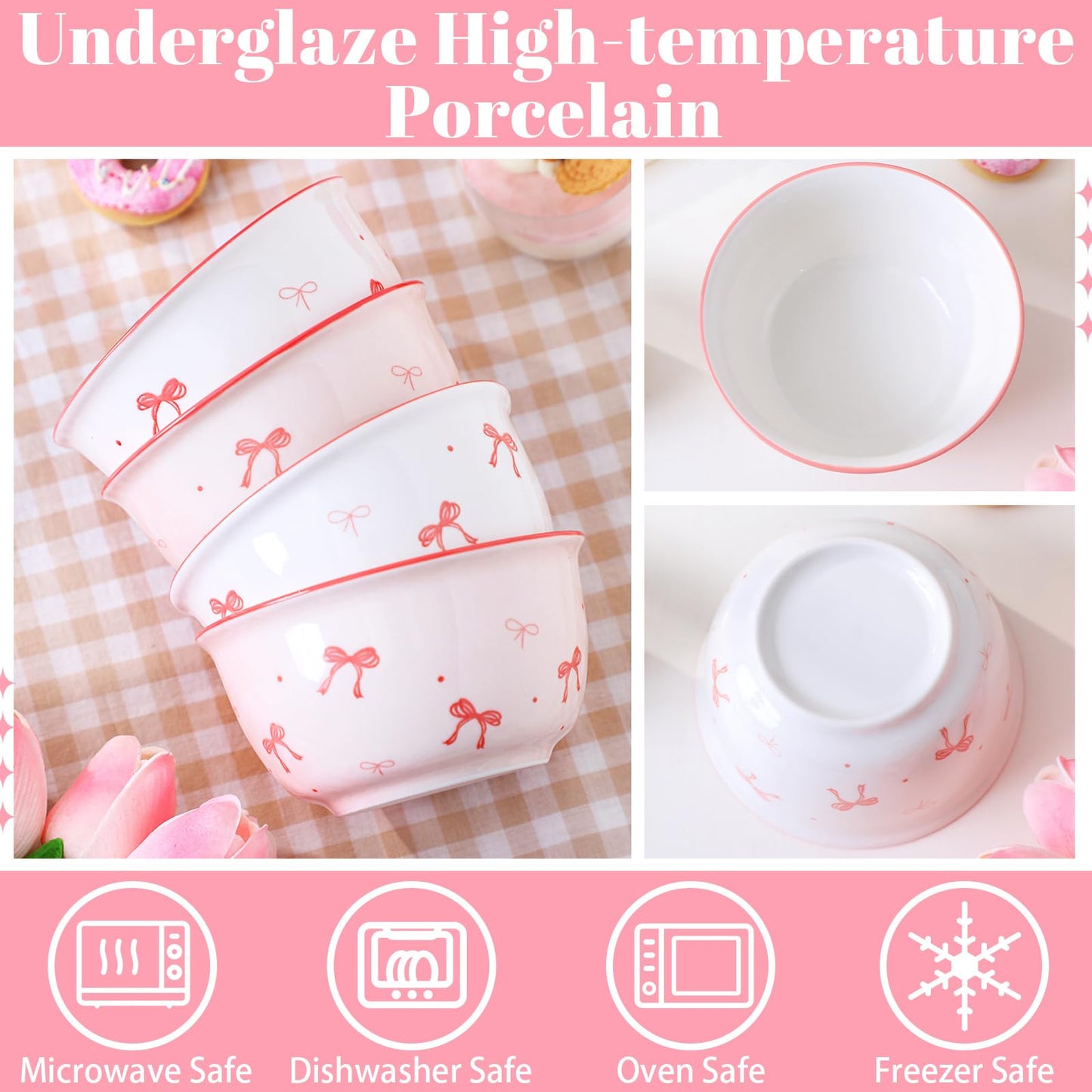 Maxdot 4 Pcs 10oz Pink Bow Ceramic Bowls Set Coquette Cute Soup Bowl Preppy Dessert Pudding Fruit Salad Decorations for Kitchen Decoration Pink White Bowl