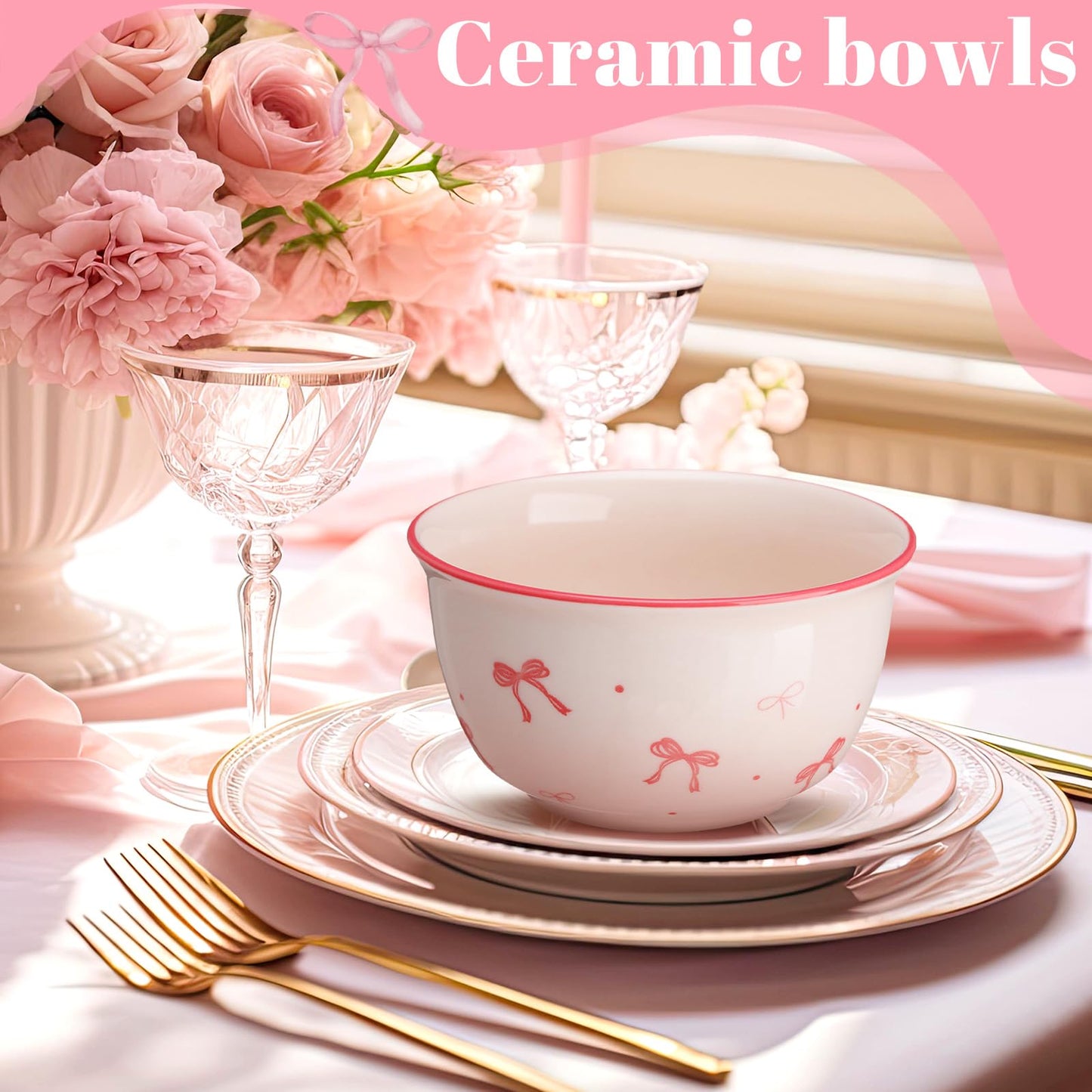 Maxdot 4 Pcs 10oz Pink Bow Ceramic Bowls Set Coquette Cute Soup Bowl Preppy Dessert Pudding Fruit Salad Decorations for Kitchen Decoration Pink White Bowl