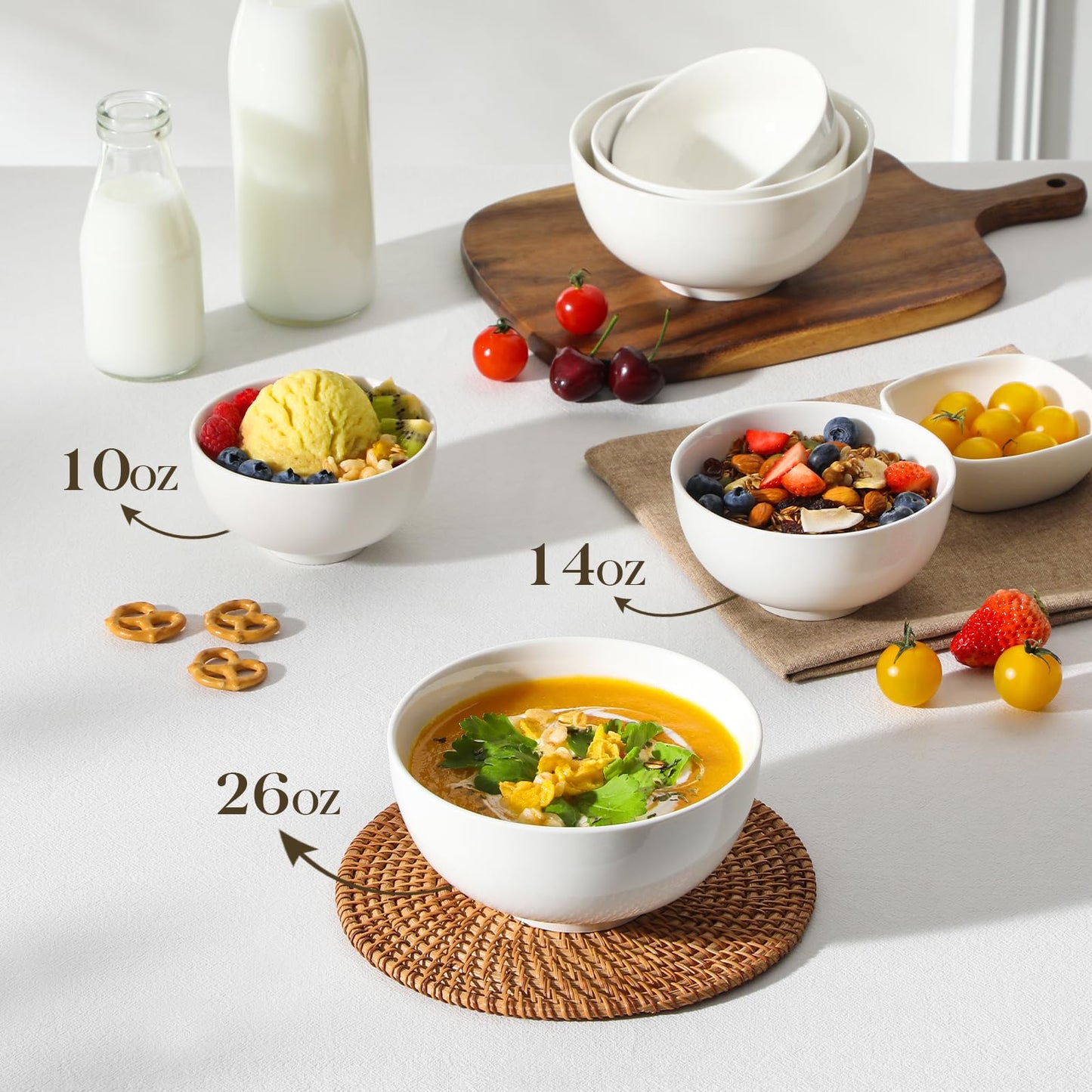 MALACASA 26 oz Porcelain Soup Bowls, 6" Cereal Bowls - White Bowls Set of 4 for Soup, Cereal, Oatmeal, Fruit, Rice - Dishwasher & Microwave Safe, Series Regular