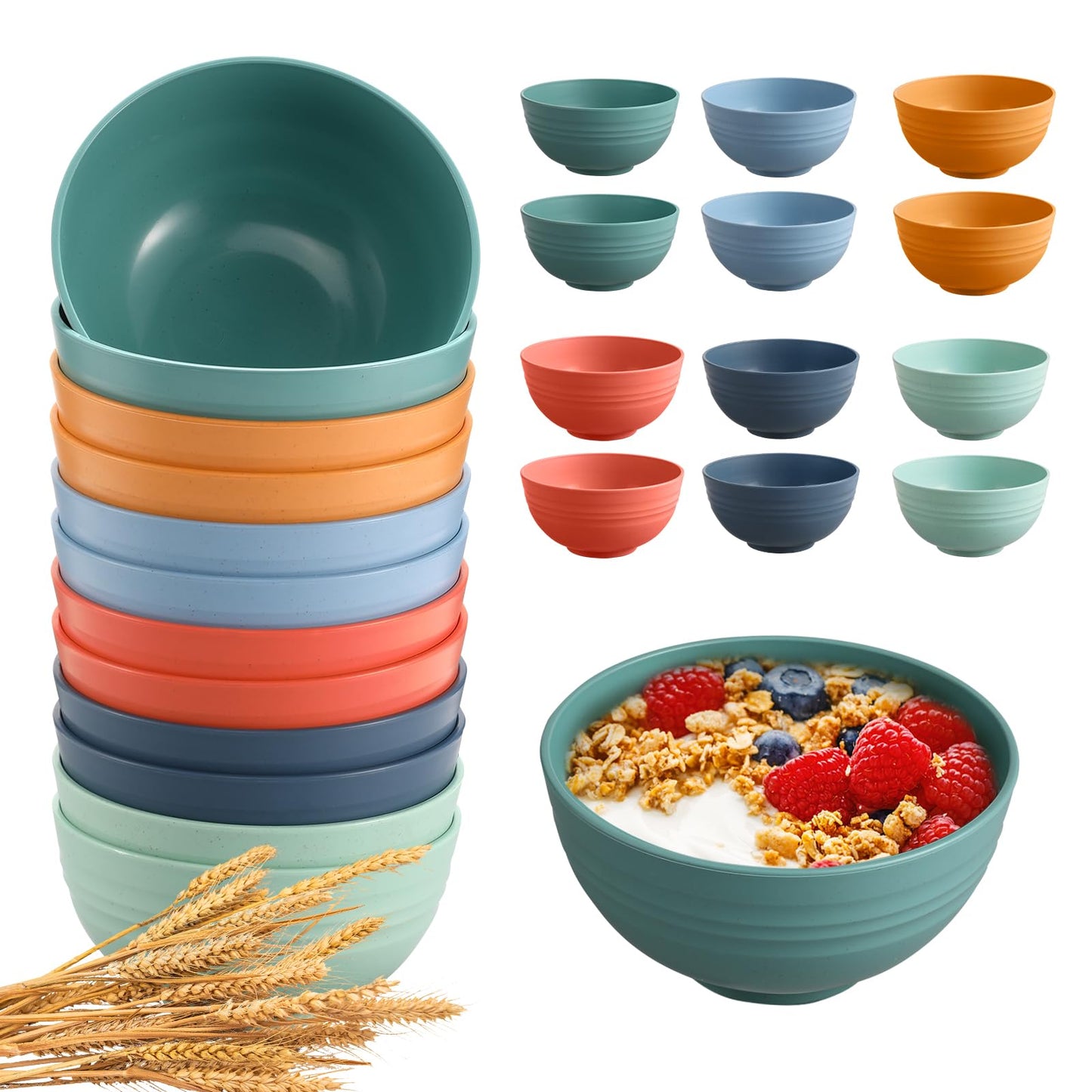 HEYCOME 12 Pcs Unbreakable Cereal Bowls Set, 26 Oz Wheat Straw Bowls Set, Microwave & Dishwasher Safe Bowls for Kitchen, Reusable Plastic Bowls for Soup, Salad and Snack, BPA Free, Multicolor