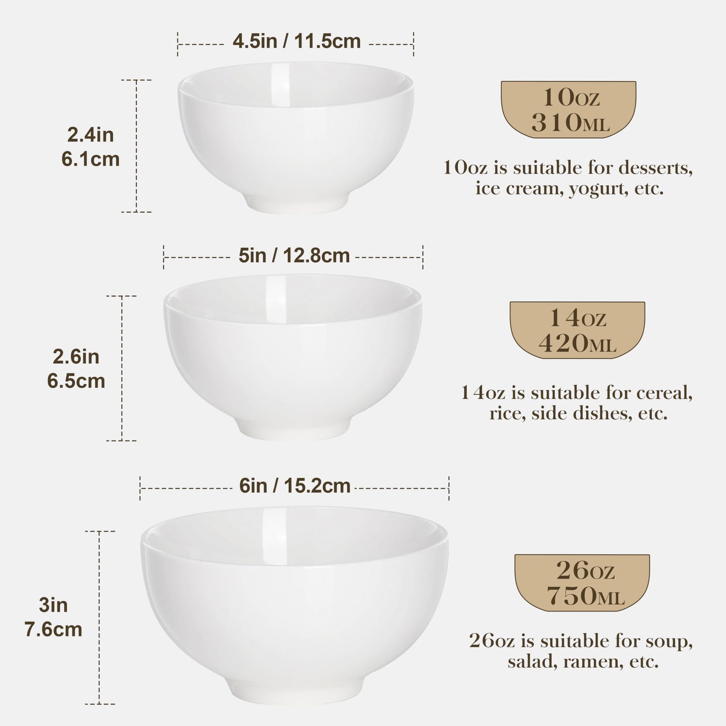MALACASA 26 oz Porcelain Soup Bowls, 6" Cereal Bowls - White Bowls Set of 4 for Soup, Cereal, Oatmeal, Fruit, Rice - Dishwasher & Microwave Safe, Series Regular