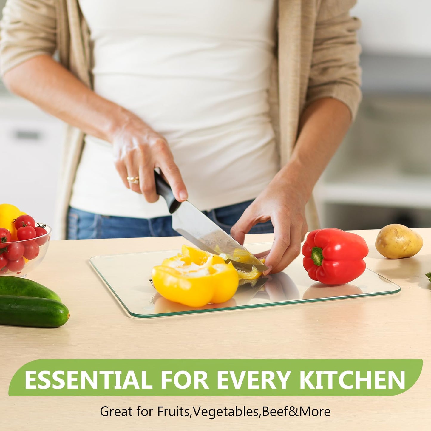 Tempered Glass Cutting Board for Kitchen, Clear Glass Cutting Board with Rubber Feet, Scratch, Heat, Shatter Resistant and Easy to Clean(8"x12" & 10"x14" & 12"x16")