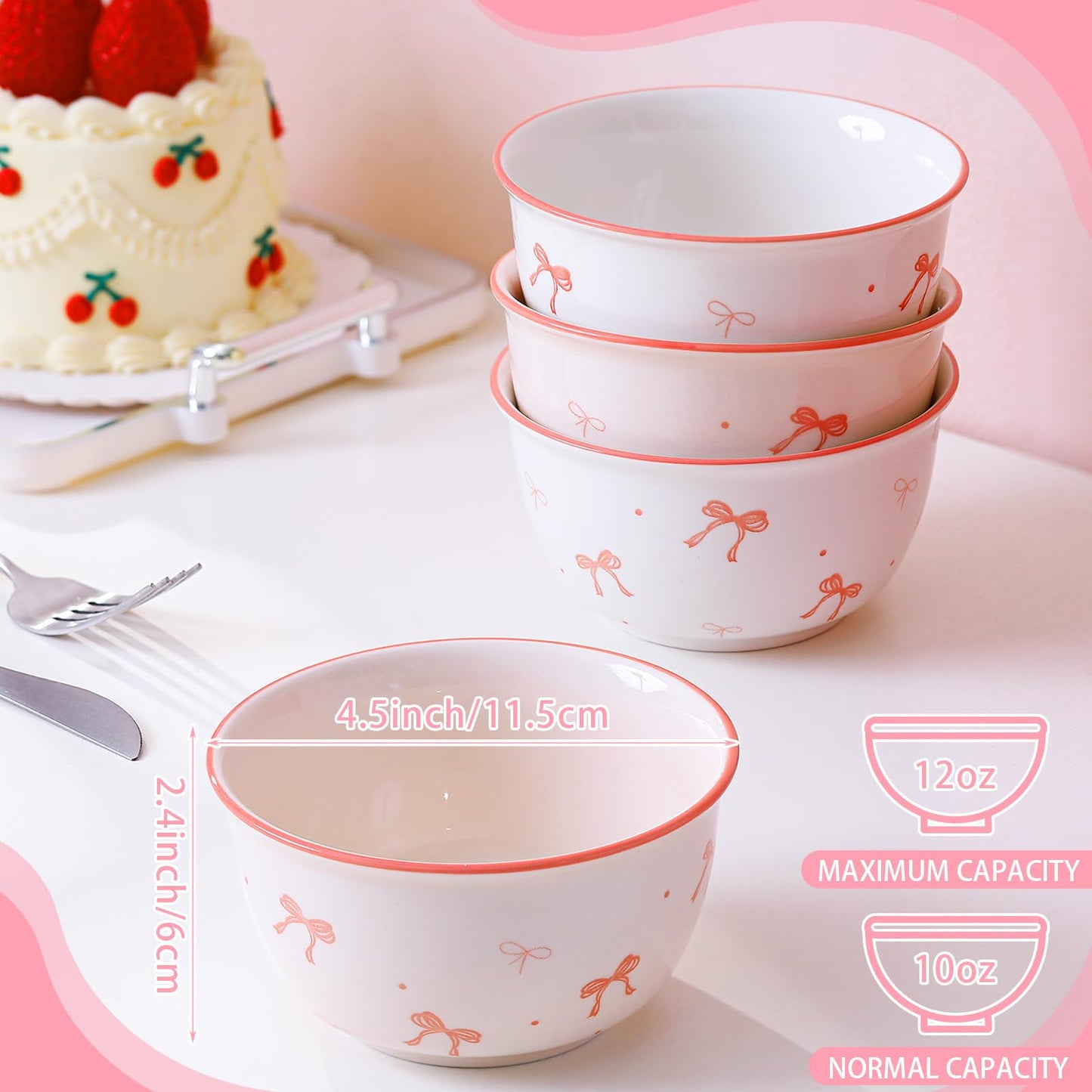 Maxdot 4 Pcs 10oz Pink Bow Ceramic Bowls Set Coquette Cute Soup Bowl Preppy Dessert Pudding Fruit Salad Decorations for Kitchen Decoration Pink White Bowl
