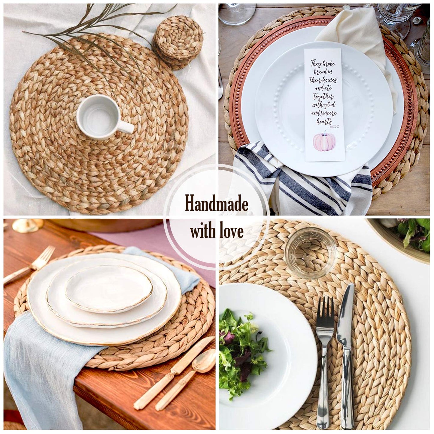 Woven Placemats Set of 6, Table Mats Set of 6, Water Hyacinth Round Placemats for Round Table, Chargers for Dinner Plates, Wicker Chargers for Dinner Plates, Woven Placemat, Place Mats 13.4 in