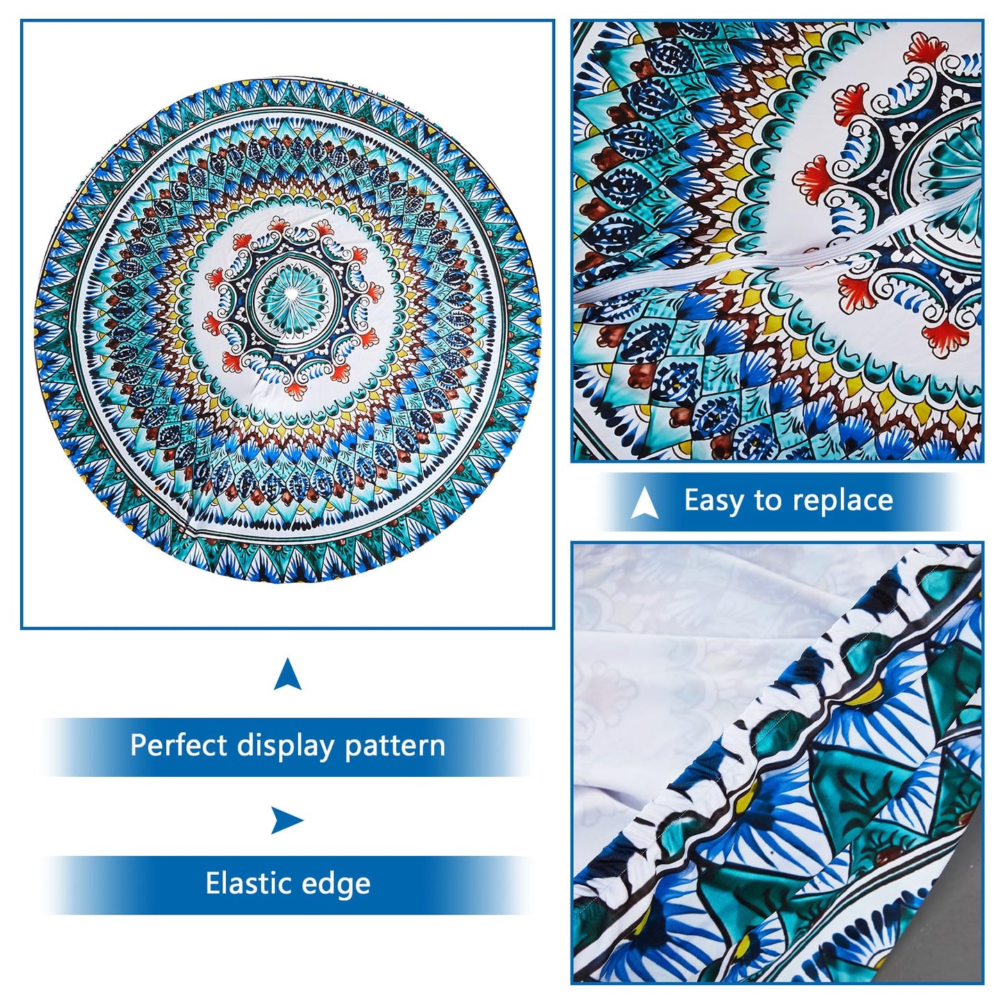 Fanfanwin Round Outdoor Ttable Cloth with Umbrella Hole Outdoor Picnic Tablecloth with 4 Bench Cover Set Mandala Furniture Covers with Elastic Fits to 42"-50" Patio Tables