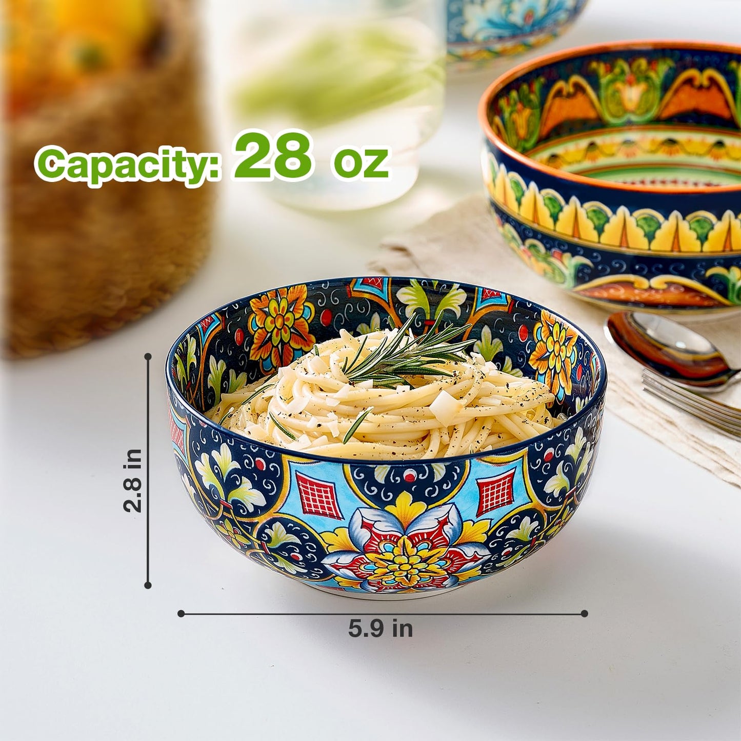 Meolibour Ceramic Cereal Bowls Set of 6, 28 oz Soup Bowls, Colorful Bowls Set for Kitchen, Dessert Bowls for Salad, Pasta, Oatmeal, Ramen, Oatmeal, Fruit, Dishwasher & Microwave Safe