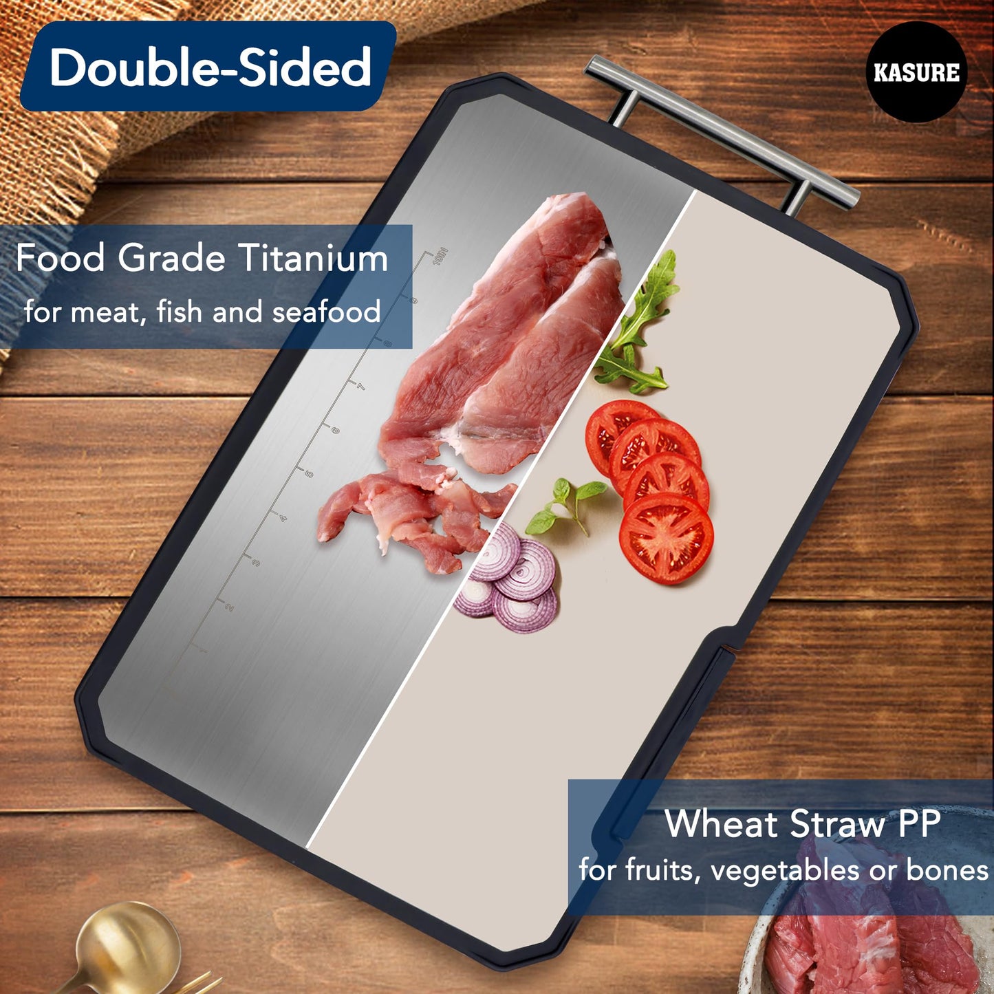 KASURE Medical-Grade Titanium Cutting Board with Measurements, Two Side Titanium Chopping Board for Meat/Seafood, Versatile Cutting Board for Multi-purpose Kitchen Tasks