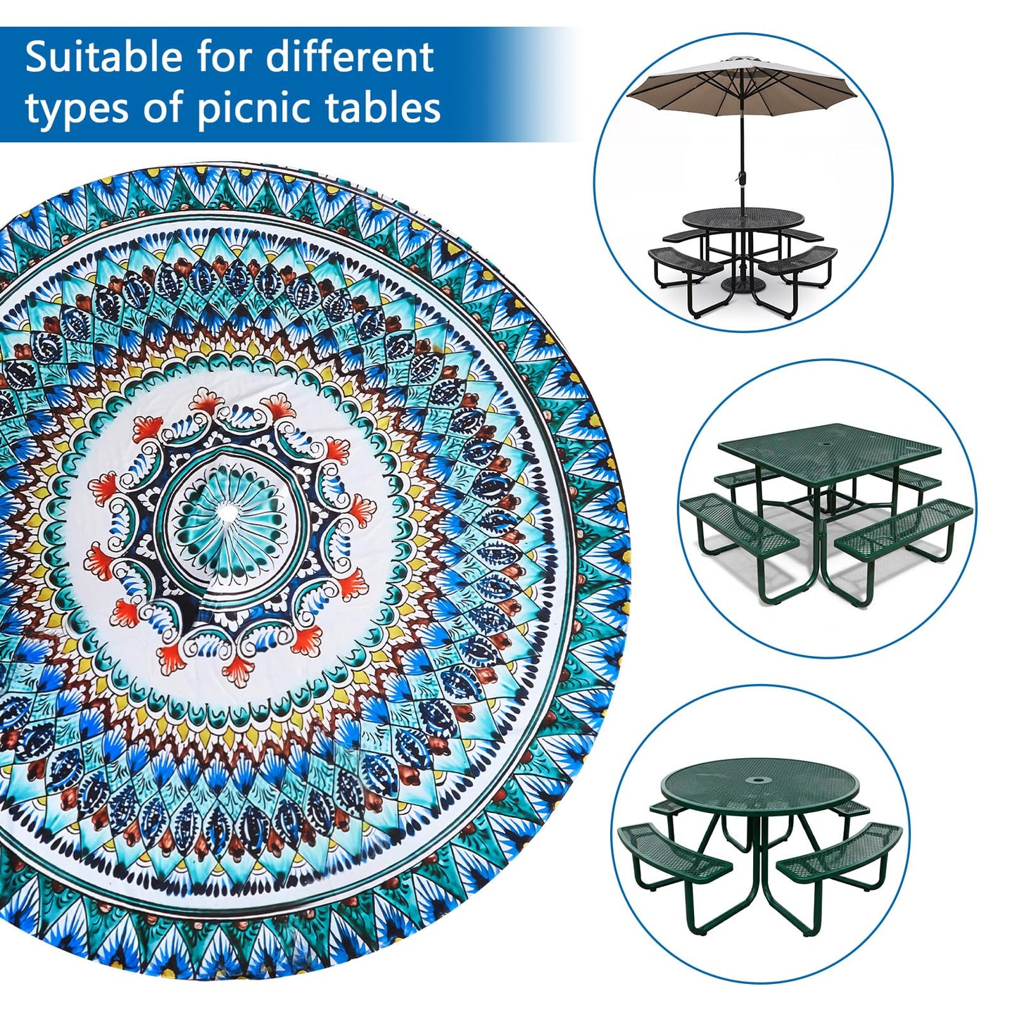 Fanfanwin Round Outdoor Ttable Cloth with Umbrella Hole Outdoor Picnic Tablecloth with 4 Bench Cover Set Mandala Furniture Covers with Elastic Fits to 42"-50" Patio Tables