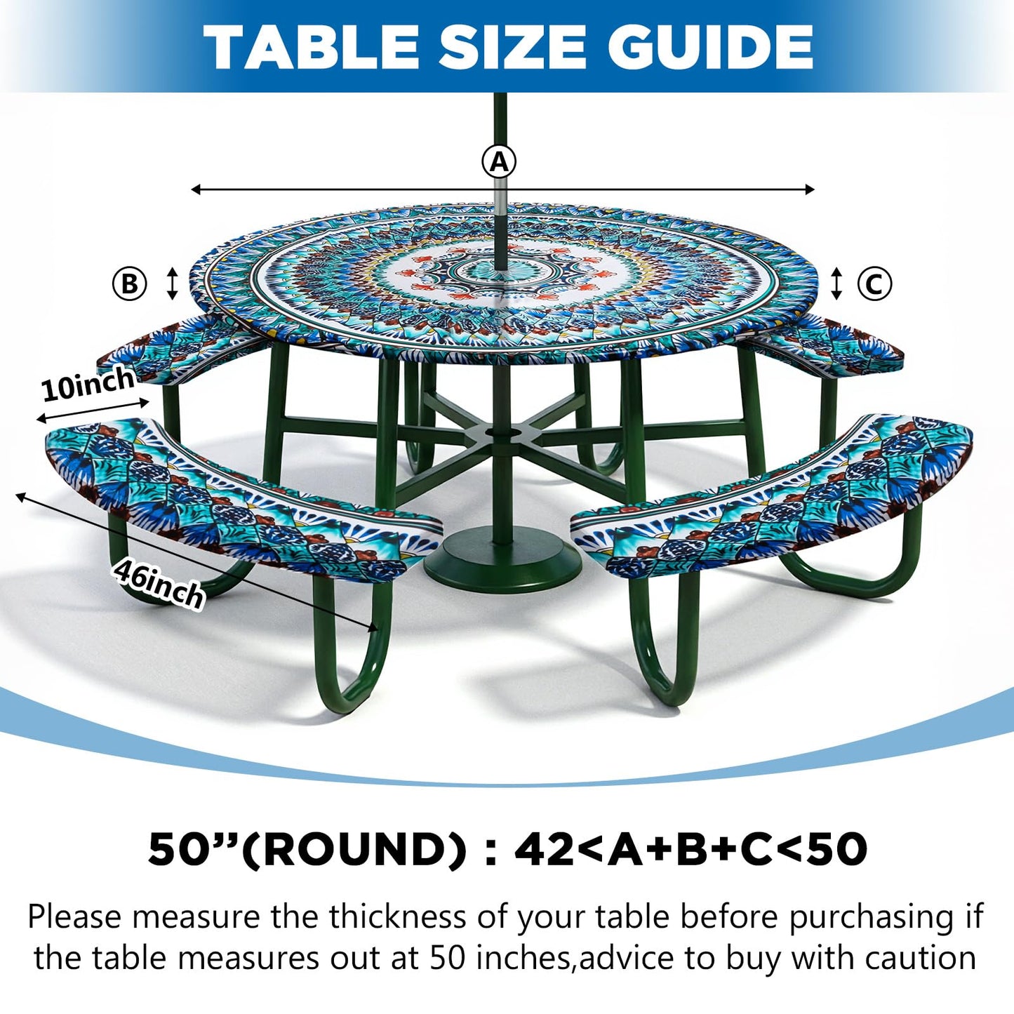 Fanfanwin Round Outdoor Ttable Cloth with Umbrella Hole Outdoor Picnic Tablecloth with 4 Bench Cover Set Mandala Furniture Covers with Elastic Fits to 42"-50" Patio Tables