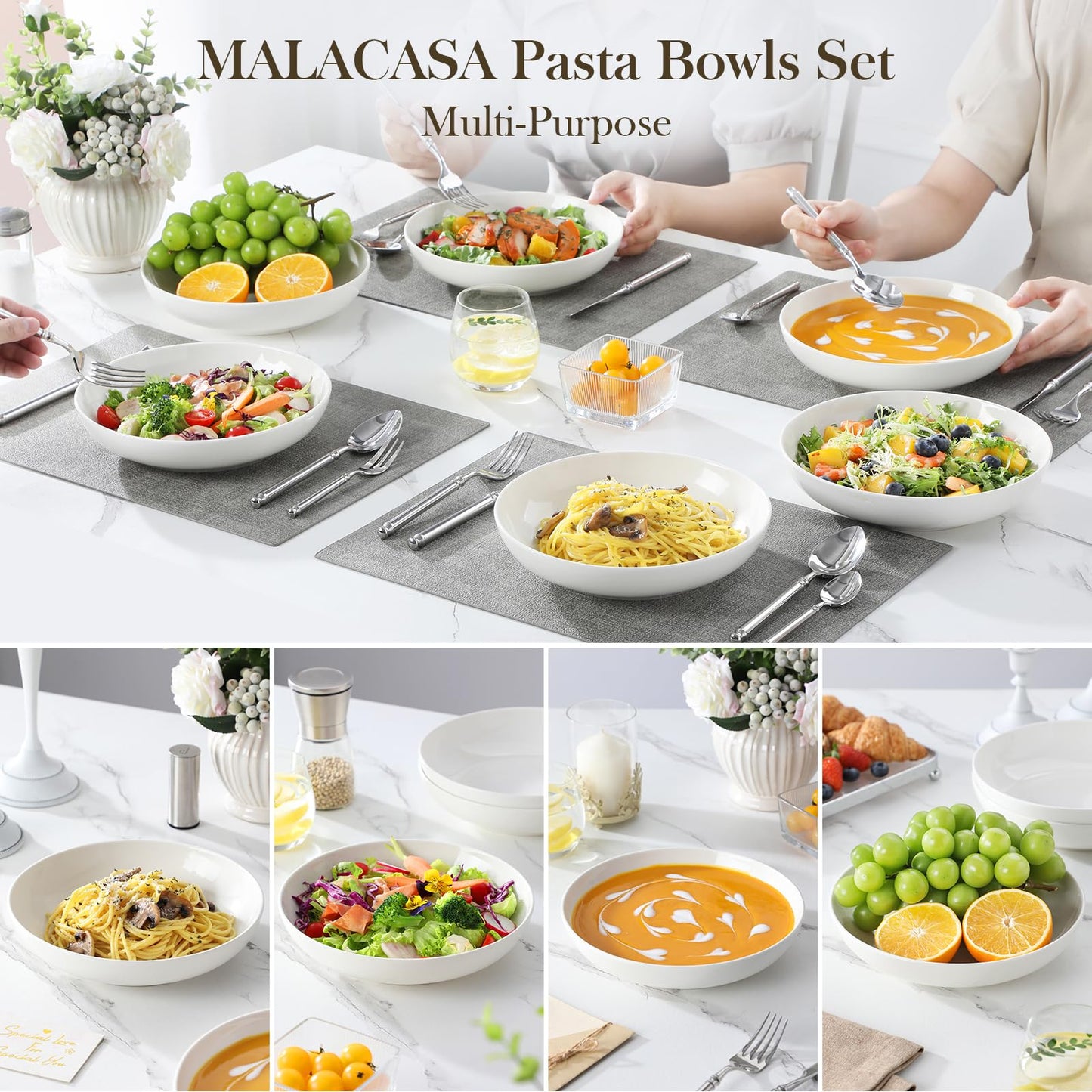 MALACASA 8.85" Large Pasta Bowls, 42 OZ White Salad Bowls Soup Bowls, Porcelain Serving Bowls Set of 4, Large Kitchen Bowl Plates Pasta Plates, Microwave & Dishwasher Safe, Series REGULAR
