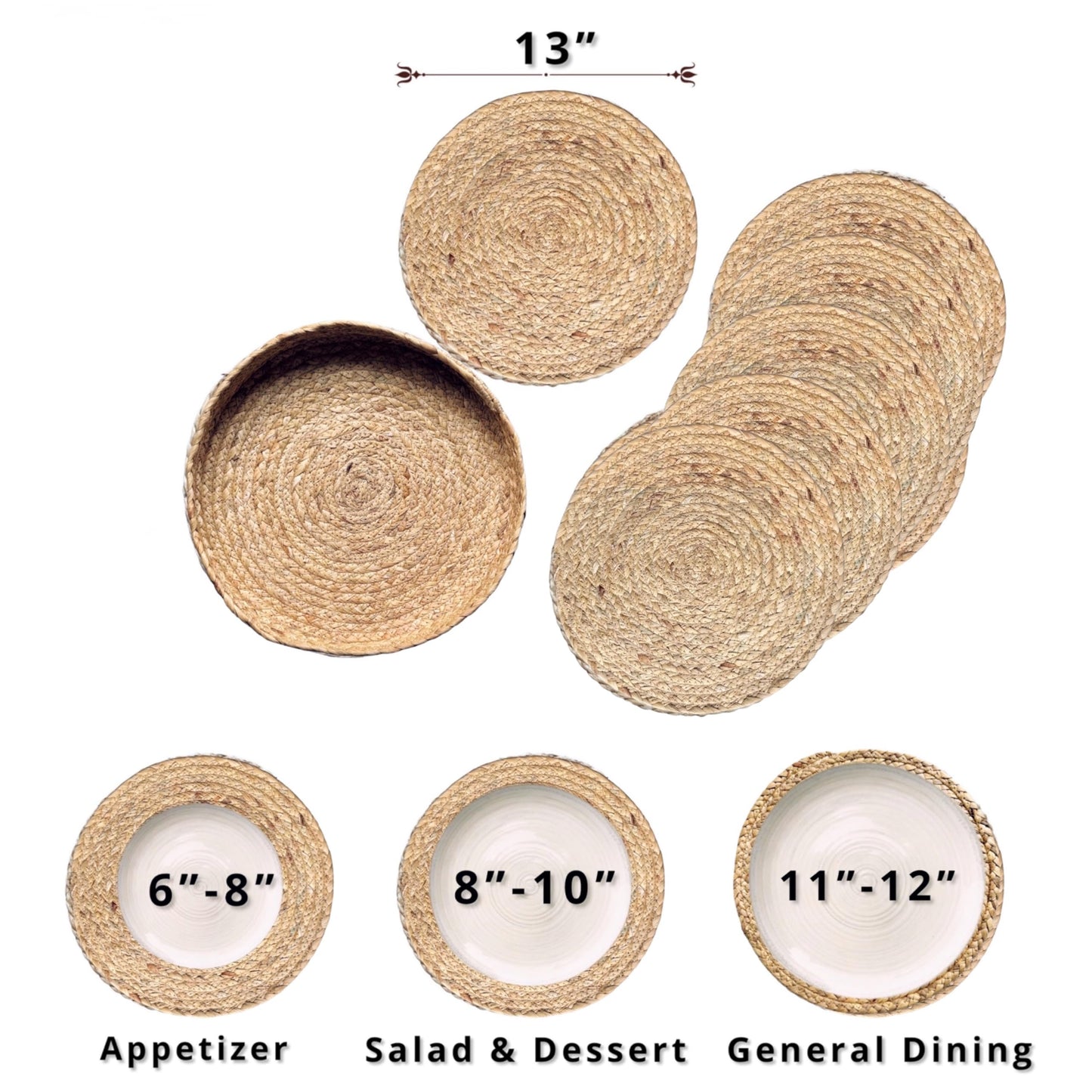 Art PineCone's Handwoven Water Hyacinth Placemats Set of 6, Eco-Friendly, Natural Charger Plates for Table Decor, Wicker placemats, Rustic Kitchen Accents, Round Placemats (WH Set of 6, 13 inch)