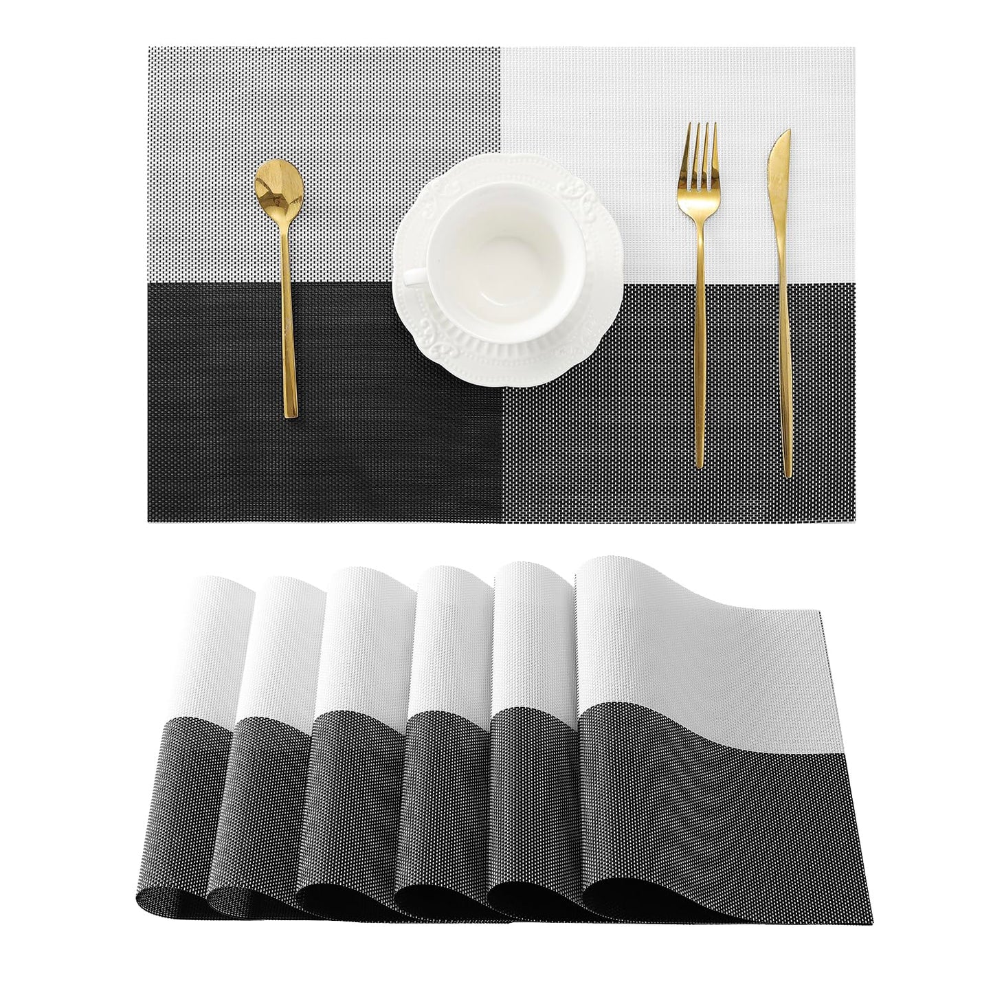 Leetaltree Gray with White Grid Pattern Placemats Set of 6 - Heat Resistant Non-Slip Place mats for Dining Table, Washable Durable PVC Vinyl Woven Table Mats(Grey Grid, 6)