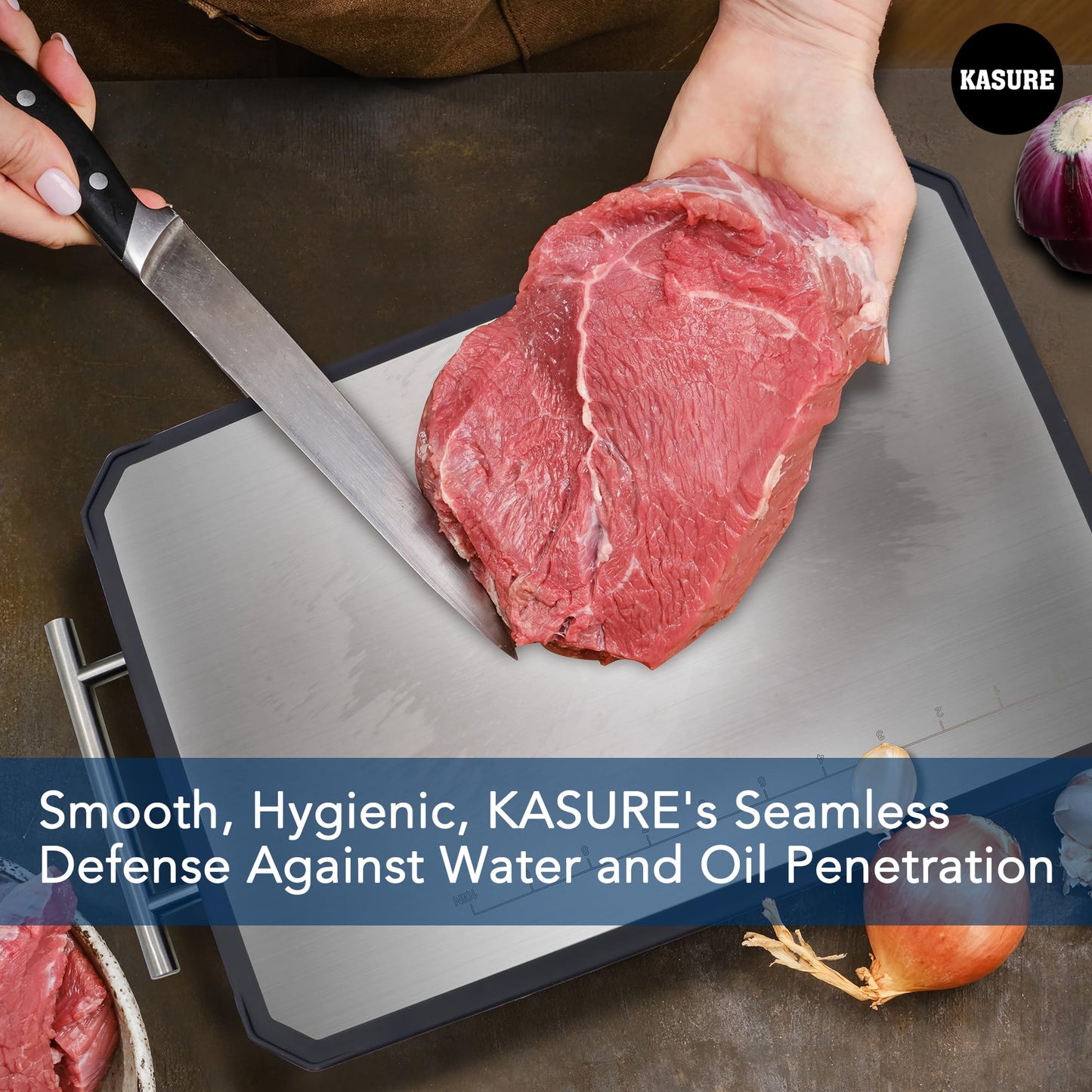 KASURE Medical-Grade Titanium Cutting Board with Measurements, Two Side Titanium Chopping Board for Meat/Seafood, Versatile Cutting Board for Multi-purpose Kitchen Tasks