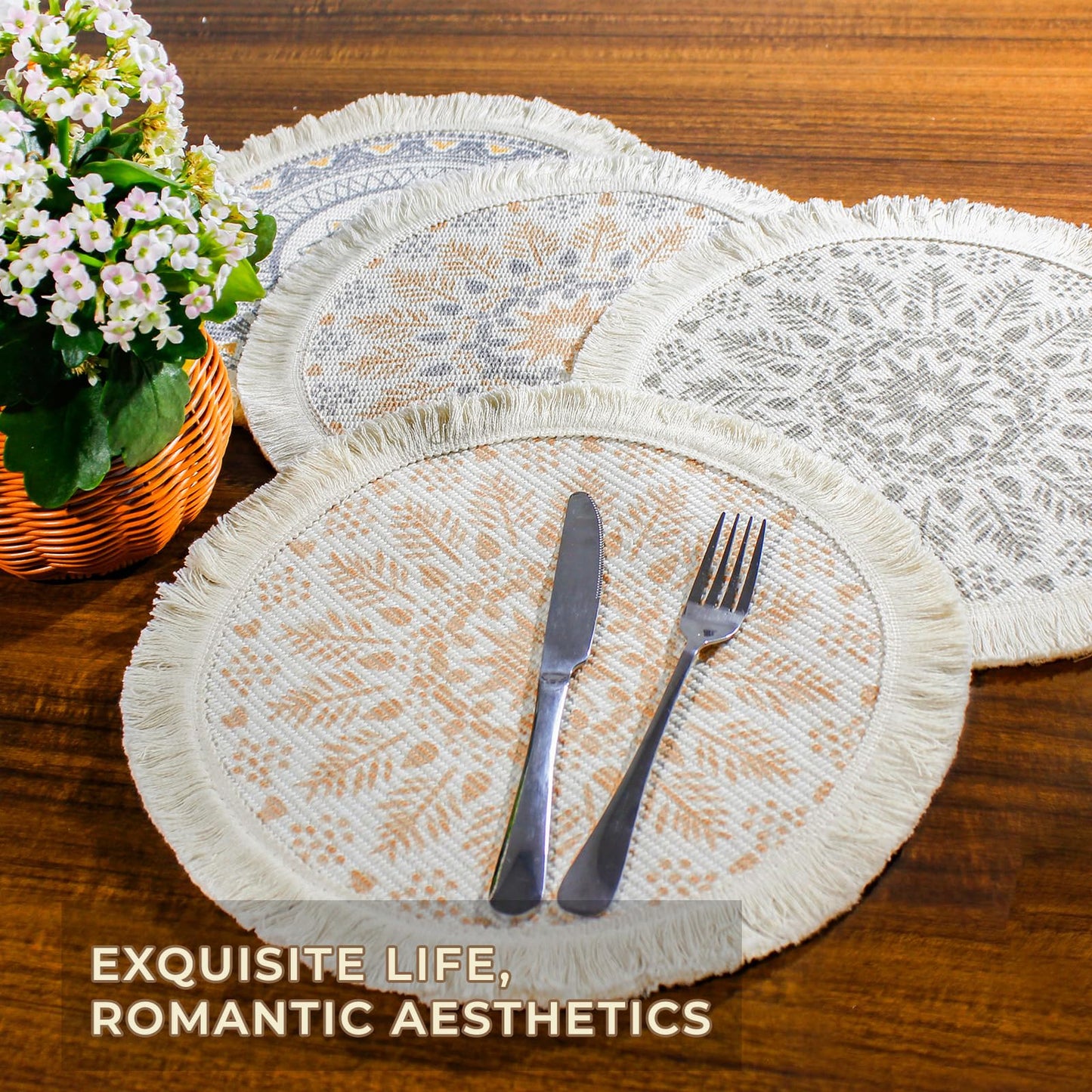 RIOOP Round Braided Placemats Set of 4, Washable Heat Resistant Non-Slip Cotton Polyester Circle Boho Woven Place Mats for Dining Table Decor, Kitchen, Parties, Family Meals, 13 inch A