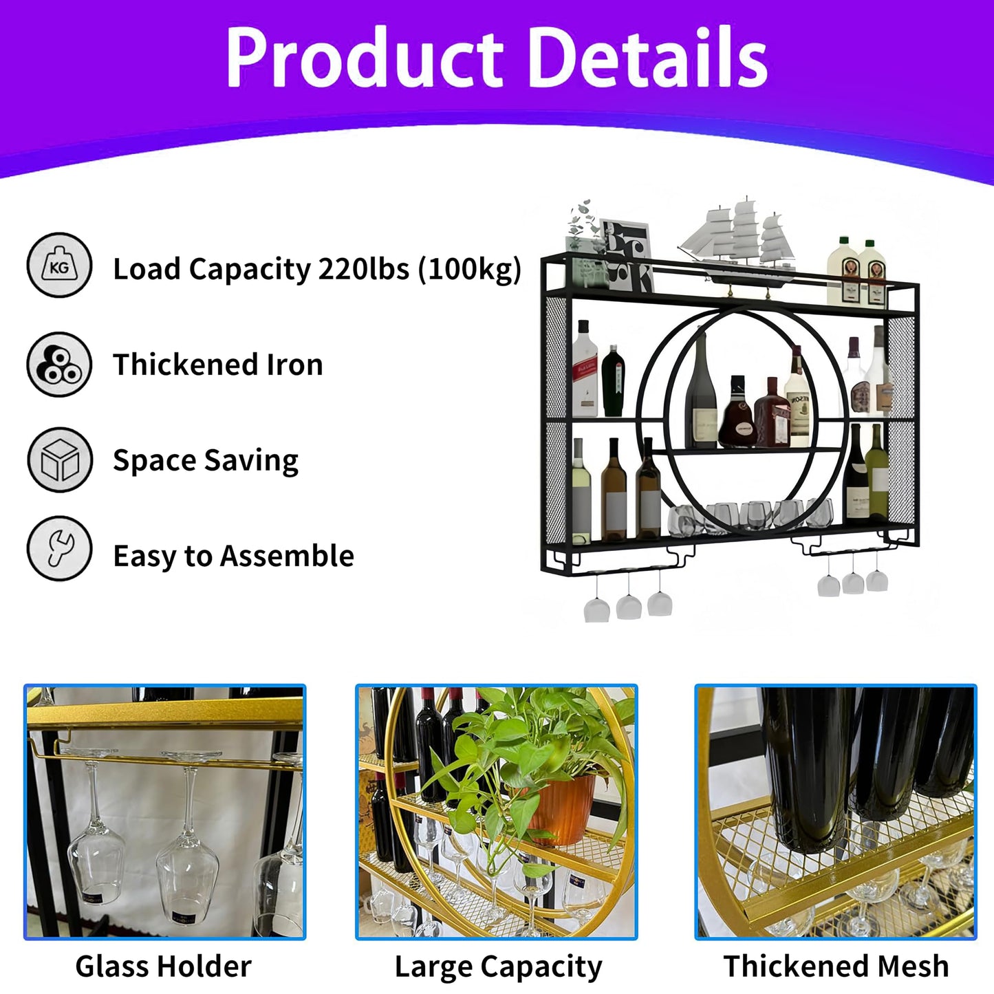 HFTUW 39 Inch Metal Wall Mounted Wine Rack, 3-Tier Bar Shelf with Glass Holder, Modern Large Capacity Liquor Bottle Display Shelf for Home Bar, Dining Room & Kitchen, Black