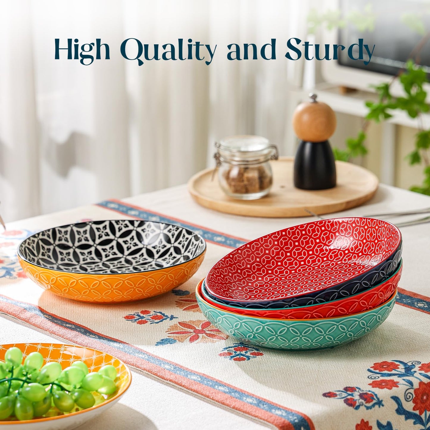 DOWAN 8.5" Vibrant Pasta, Salad & Soup Serving Bowls Set of 4, Large Porcelain Ceramic, Microwave, Oven & Dishwasher Safe, Bonita Design Perfect for Daily Dining, Family Gatherings, Parties & Gifts
