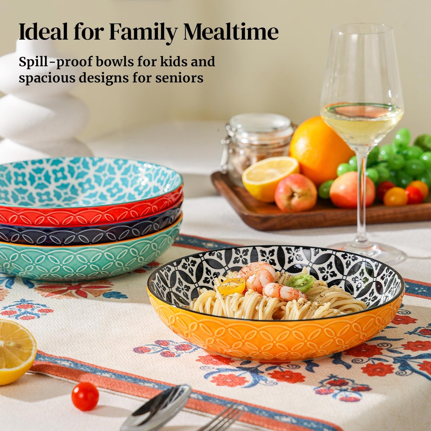 DOWAN 8.5" Vibrant Pasta, Salad & Soup Serving Bowls Set of 4, Large Porcelain Ceramic, Microwave, Oven & Dishwasher Safe, Bonita Design Perfect for Daily Dining, Family Gatherings, Parties & Gifts