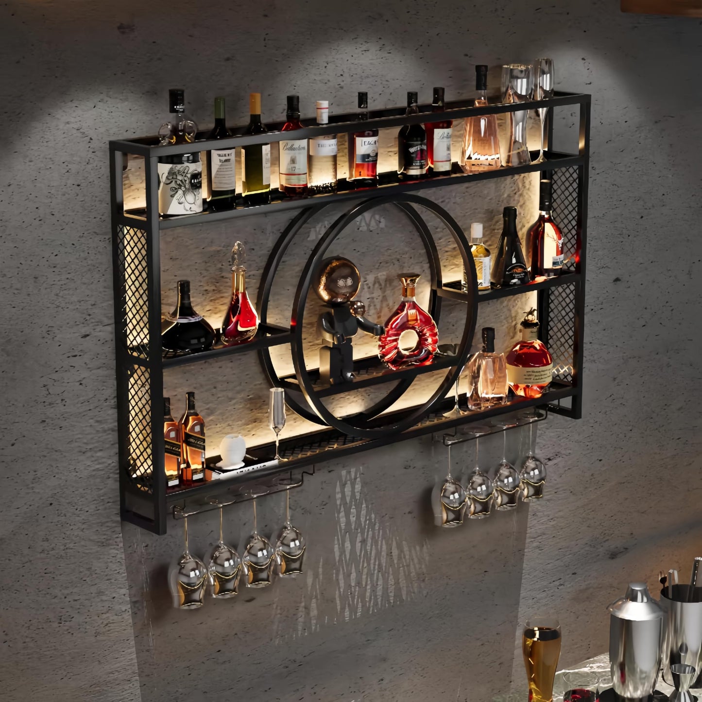 HFTUW 39 Inch Metal Wall Mounted Wine Rack, 3-Tier Bar Shelf with Glass Holder, Modern Large Capacity Liquor Bottle Display Shelf for Home Bar, Dining Room & Kitchen, Black