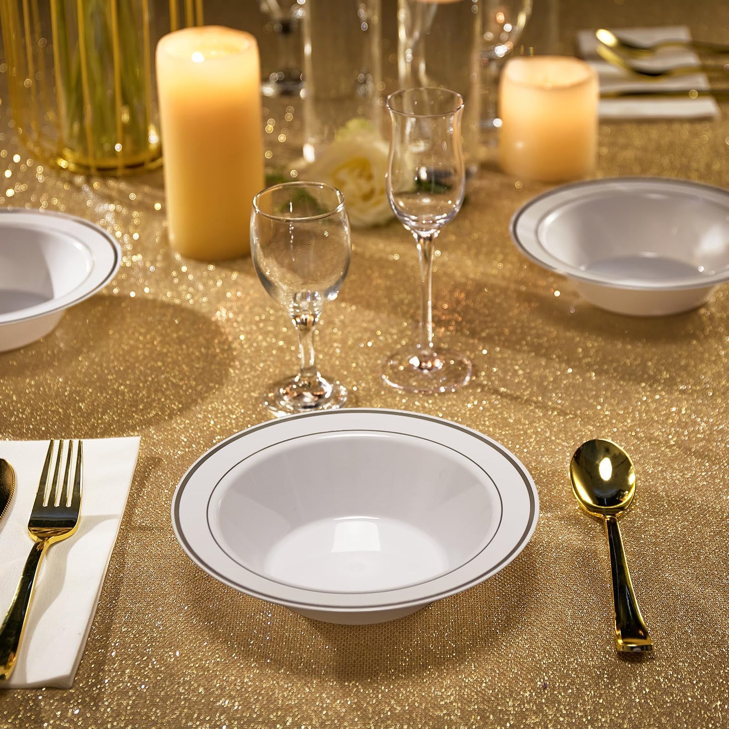 JOLLY PARTY 50 Plastic Bowls with Silver Rim-12oz Disposable Soup Bowls, Christmas Thanksgiving Premium Heavy Duty Plastic Dessert Bowls for Wedding/Party, Silver