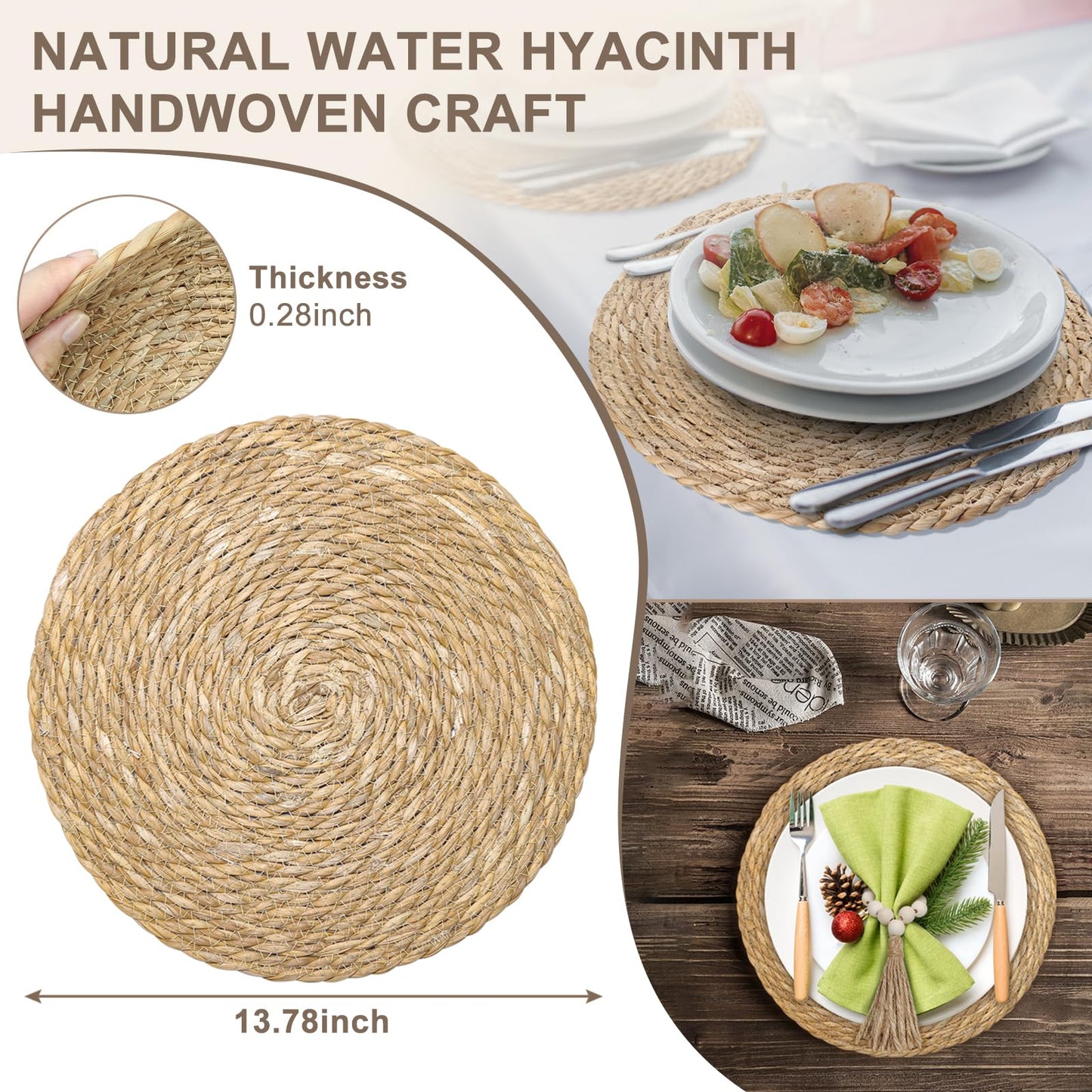Hardcometrue Woven Placemats Set of 10, 13.8" Natural Water Hyacinth Round Rattan Placemats with Wooden Beads Napkin Rings for Kitchen Dining Table Decor