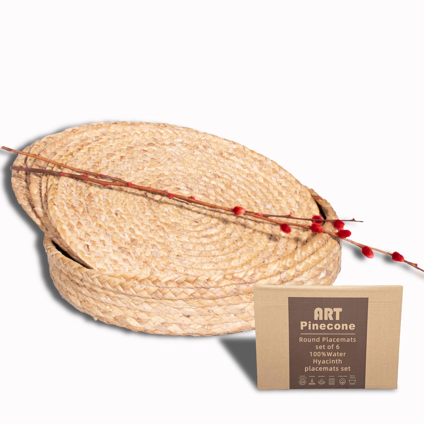 Art PineCone's Handwoven Water Hyacinth Placemats Set of 6, Eco-Friendly, Natural Charger Plates for Table Decor, Wicker placemats, Rustic Kitchen Accents, Round Placemats (WH Set of 6, 13 inch)