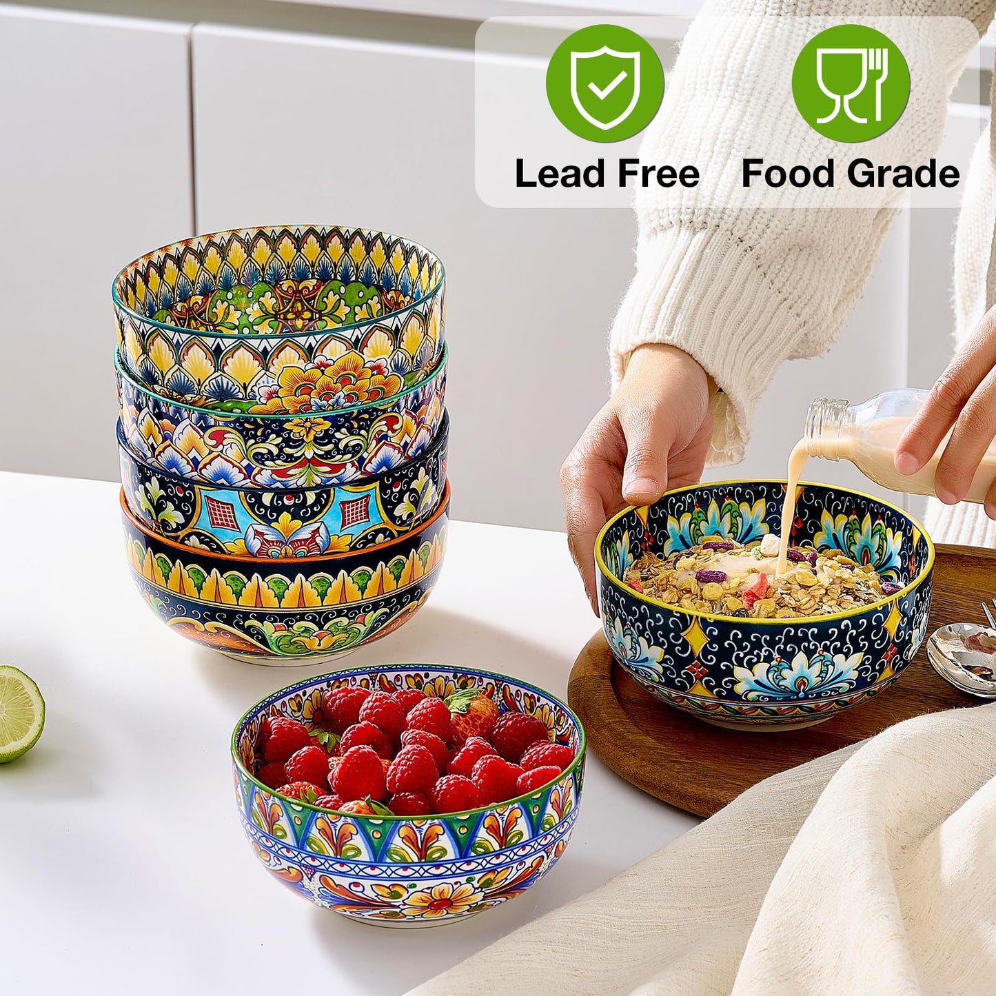 Meolibour Ceramic Cereal Bowls Set of 6, 28 oz Soup Bowls, Colorful Bowls Set for Kitchen, Dessert Bowls for Salad, Pasta, Oatmeal, Ramen, Oatmeal, Fruit, Dishwasher & Microwave Safe