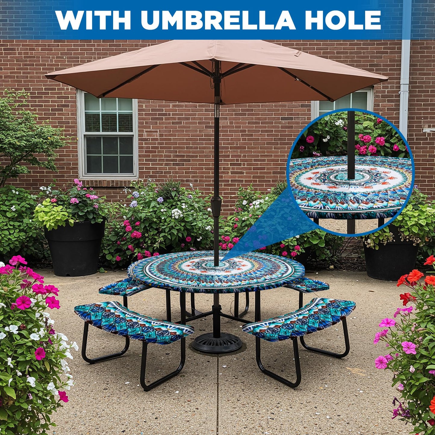 Fanfanwin Round Outdoor Ttable Cloth with Umbrella Hole Outdoor Picnic Tablecloth with 4 Bench Cover Set Mandala Furniture Covers with Elastic Fits to 42"-50" Patio Tables