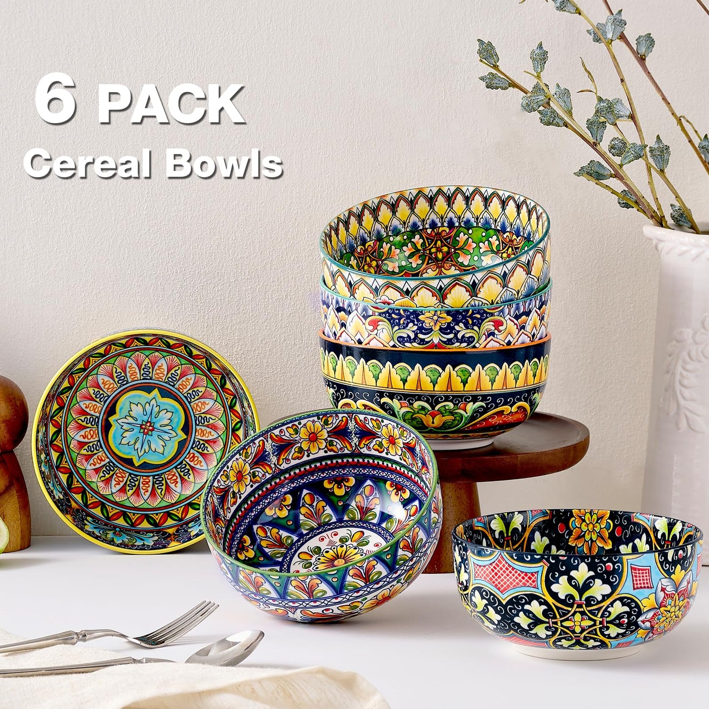 Meolibour Ceramic Cereal Bowls Set of 6, 28 oz Soup Bowls, Colorful Bowls Set for Kitchen, Dessert Bowls for Salad, Pasta, Oatmeal, Ramen, Oatmeal, Fruit, Dishwasher & Microwave Safe
