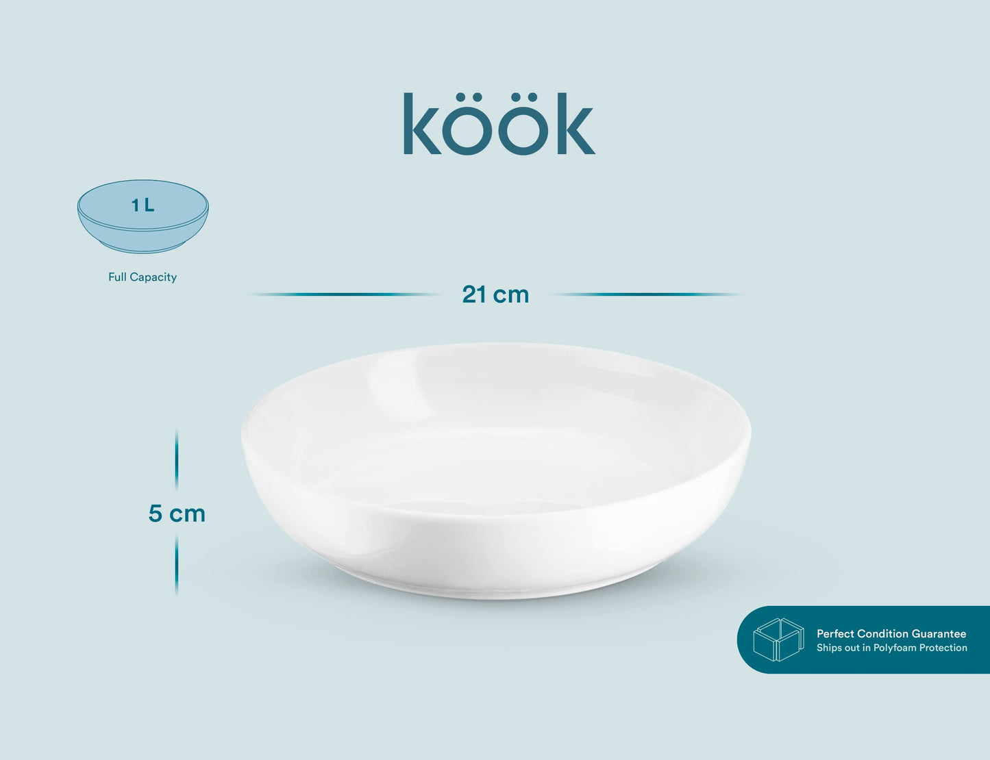 KooK Pasta Bowl, Salad Bowls, Bowls, Serving Bowls, Soup, Ceramic, Large Capacity, Microwave & Dishwasher Safe, Set of 4, 40 Oz, (White)