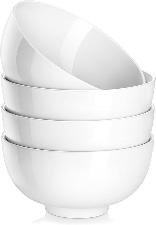 MALACASA 26 oz Porcelain Soup Bowls, 6" Cereal Bowls - White Bowls Set of 4 for Soup, Cereal, Oatmeal, Fruit, Rice - Dishwasher & Microwave Safe, Series Regular