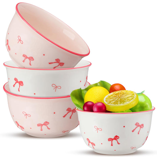 Maxdot 4 Pcs 10oz Pink Bow Ceramic Bowls Set Coquette Cute Soup Bowl Preppy Dessert Pudding Fruit Salad Decorations for Kitchen Decoration Pink White Bowl