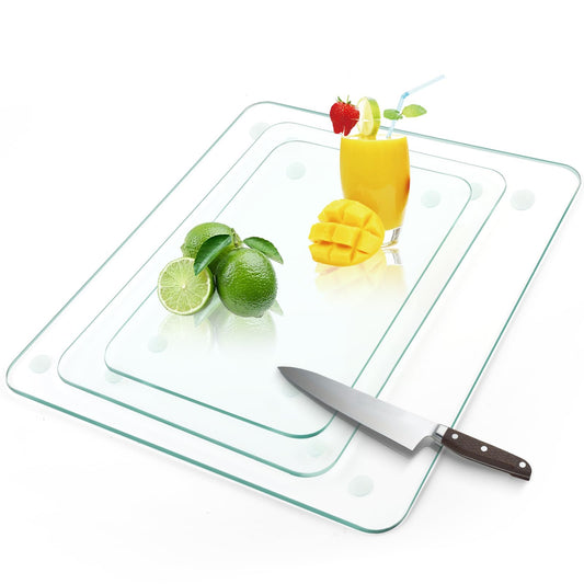 Tempered Glass Cutting Board for Kitchen, Clear Glass Cutting Board with Rubber Feet, Scratch, Heat, Shatter Resistant and Easy to Clean(8"x12" & 10"x14" & 12"x16")