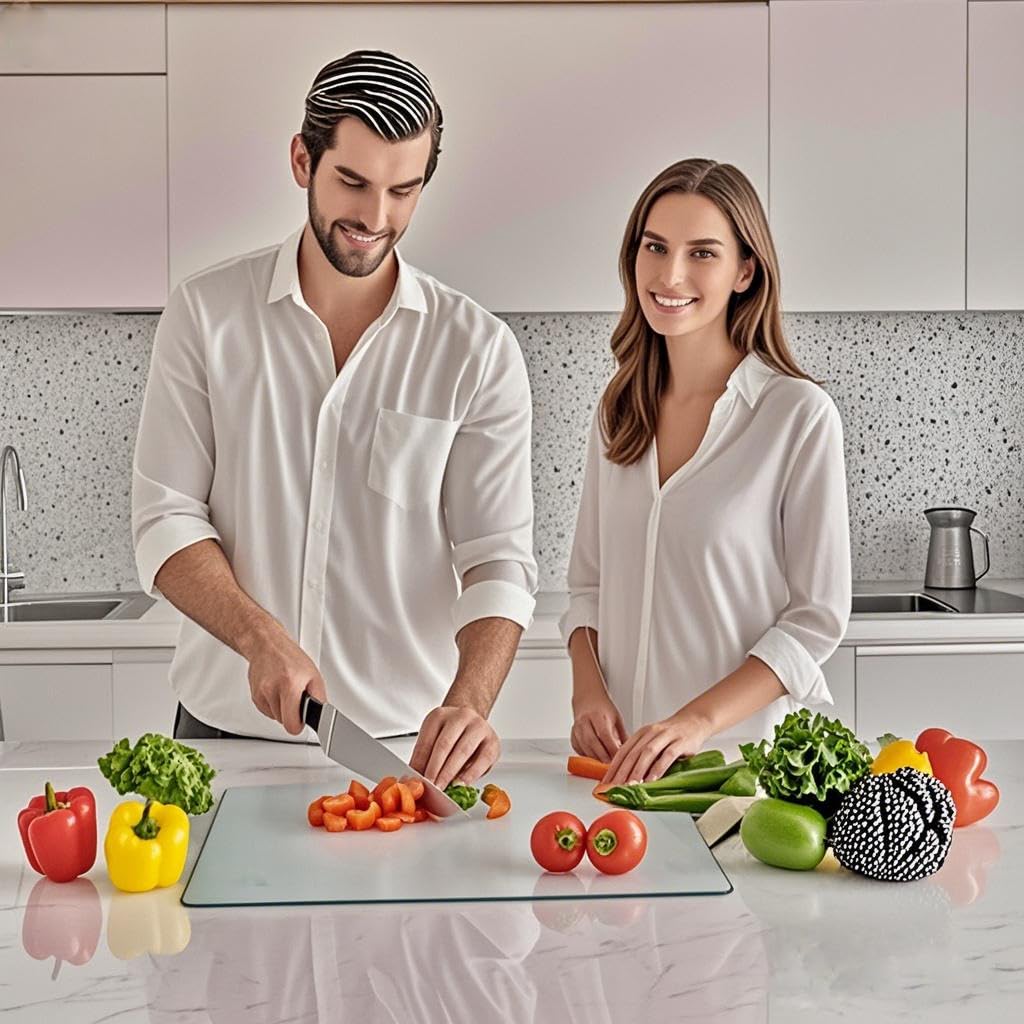 LANGBOHOS 2-Pack Tempered Glass Cutting Boards, 12x16 & 8x12 Inches, Non-Slip Scratch-Resistant Clear Countertop Protector, Heat Resistant Easy Clean Multipurpose Glass Chopping Boards for Kitchen