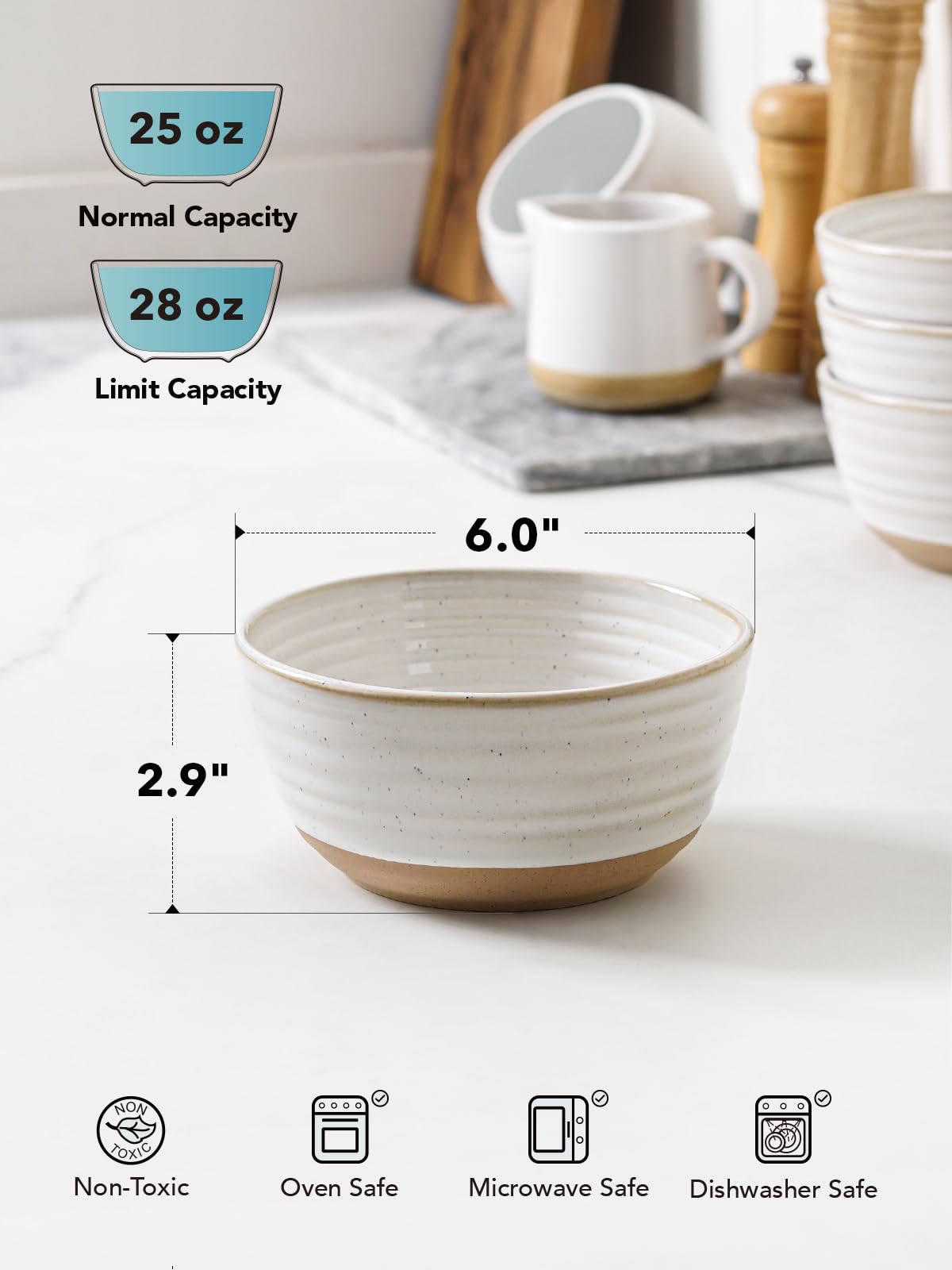 LE TAUCI Soup bowls 28 oz, Ceramic Cereal Bowl for Kitchen, Stoneware Bowl for Pho, Chip, Fruit, Salad, Noodle, Ramen, Housewarming Present- 6 Inch, Set of 4, Arctic white