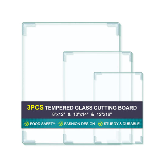 3Pcs Tempered Glass Cutting Board for Kitchen Counter, FAAYUCK Glass Cutting Board with Non-Slip Feet, Heat Resistant, Non-Slip, Scratch Resistant, Shatter Resistant (8"x12"&10"x14"&12"x16")