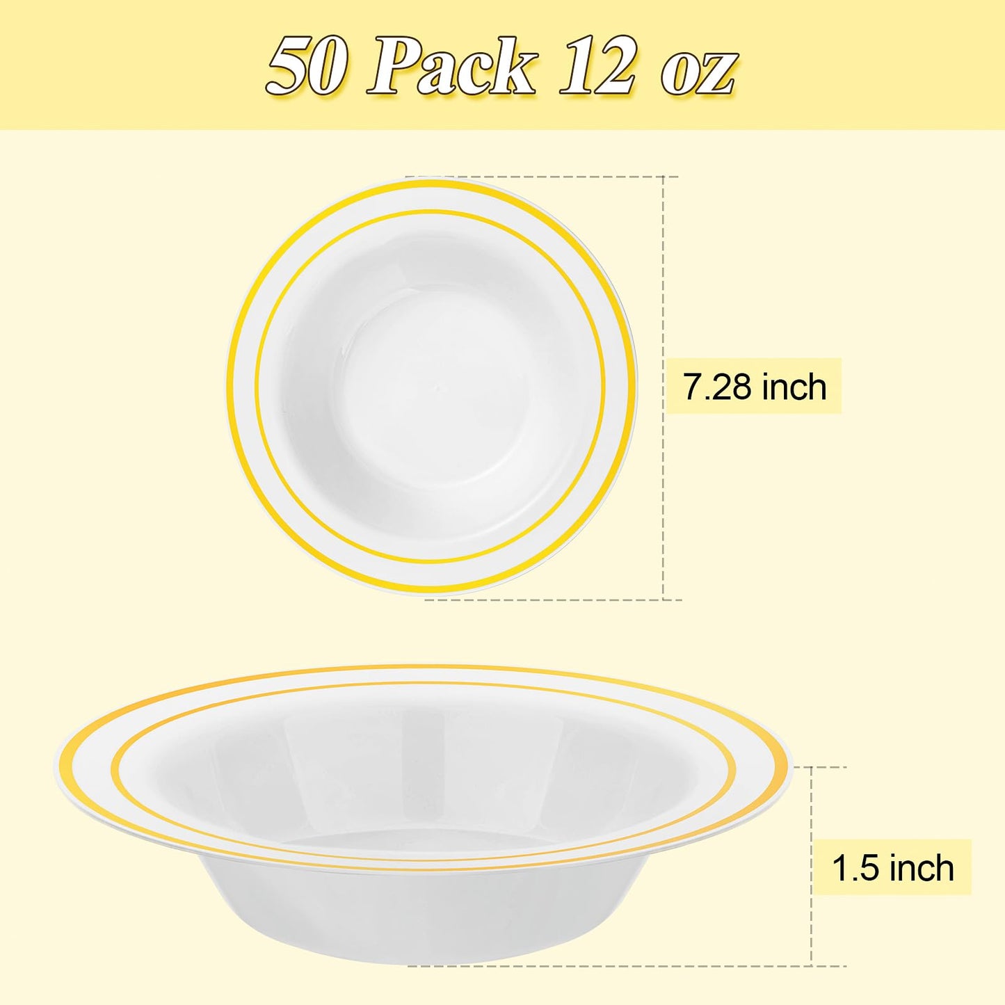 BestStar 100 Pack Disposable Soup Bowls with Gold Rim, 12oz Premium Heavy Duty Plastic Dinner Bowls for Party, Wedding and Holiday