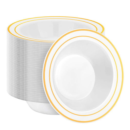 BestStar 100 Pack Disposable Soup Bowls with Gold Rim, 12oz Premium Heavy Duty Plastic Dinner Bowls for Party, Wedding and Holiday